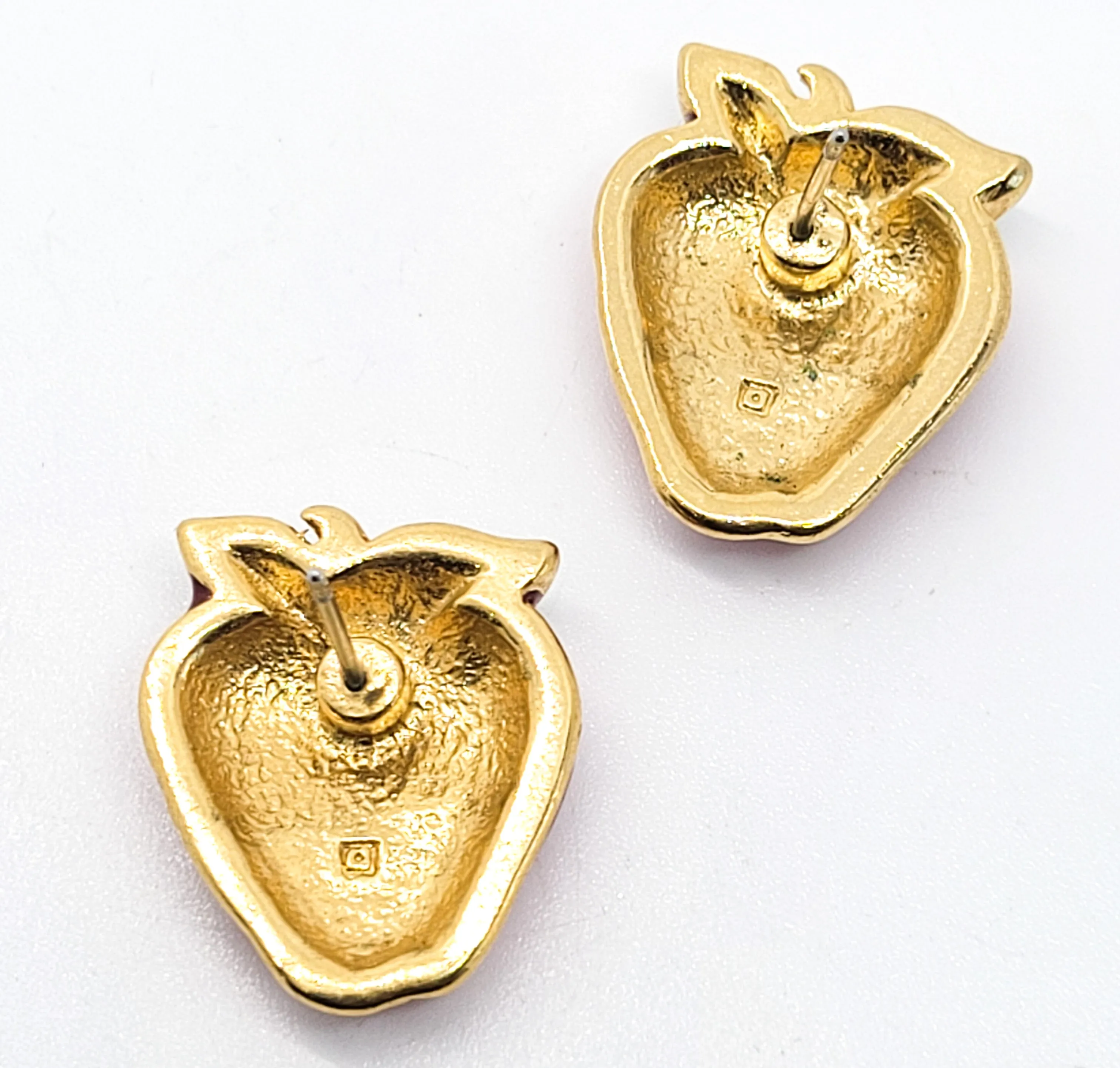 Strawberry red and green enamel gold toned vintage post earrings
