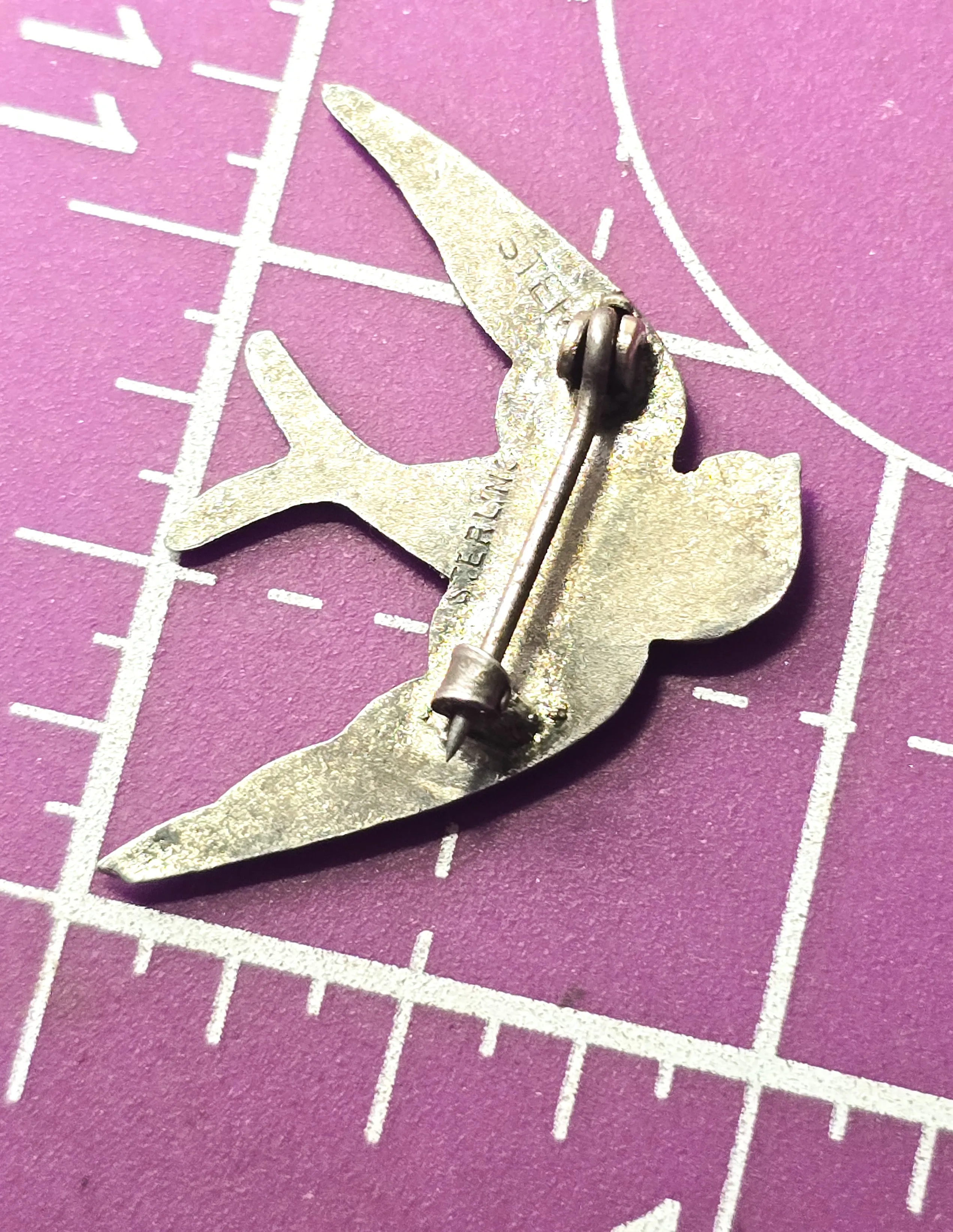 Swallow Guilloche blue and green antique sterling silver brooch DAMAGED