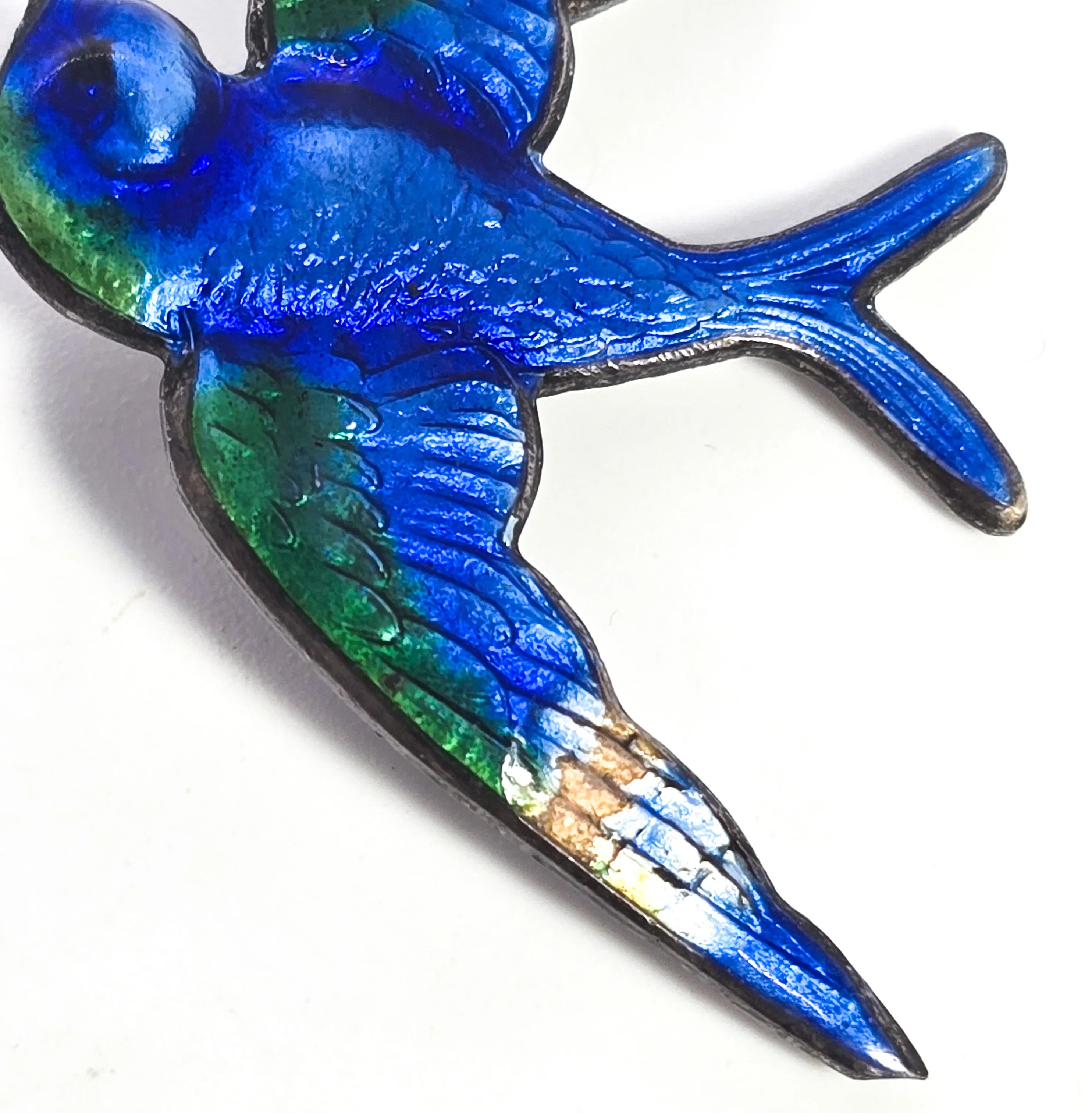Swallow Guilloche blue and green antique sterling silver brooch DAMAGED
