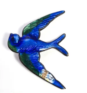 Swallow Guilloche blue and green antique sterling silver brooch DAMAGED