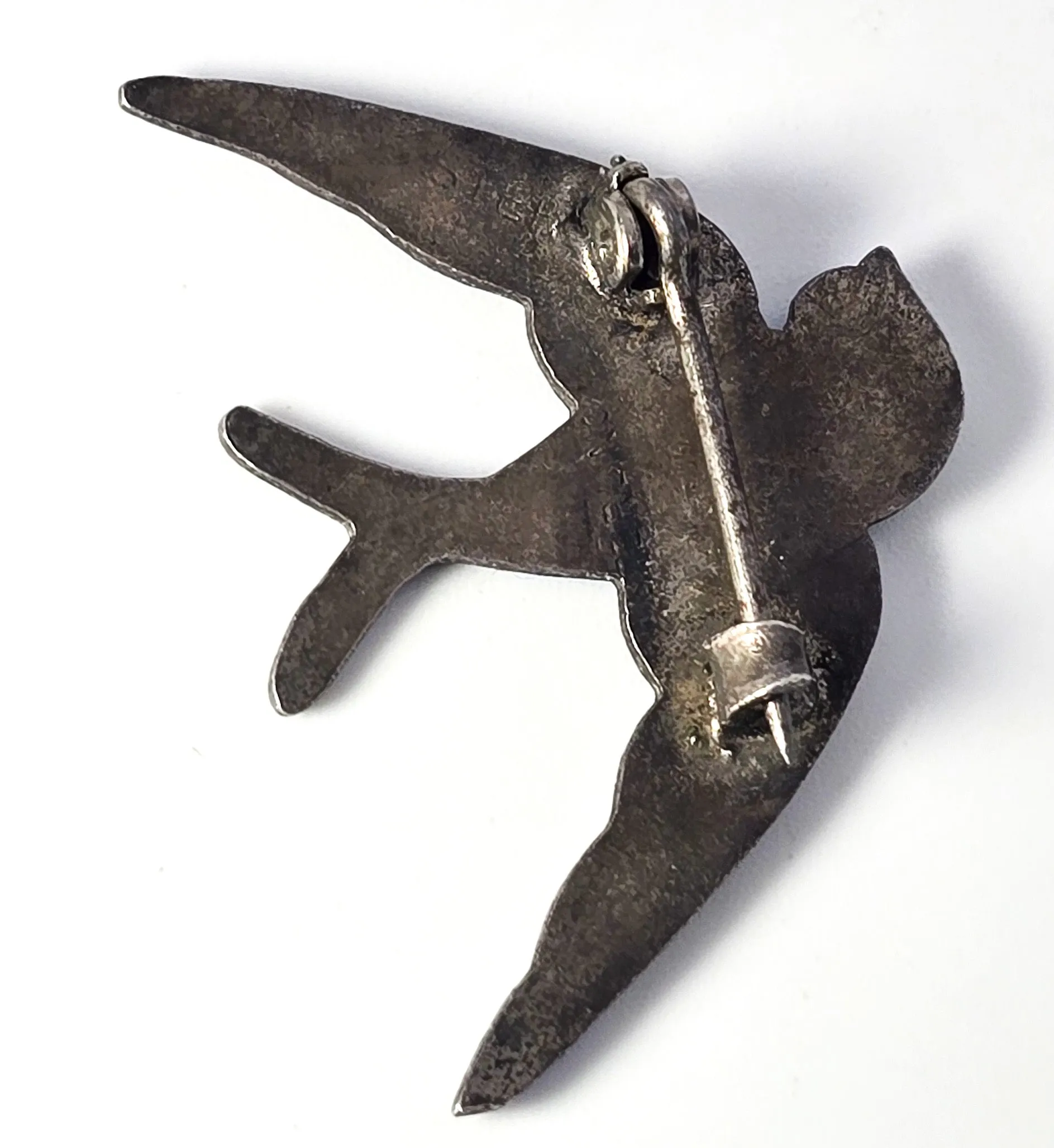 Swallow Guilloche blue and green antique sterling silver brooch DAMAGED