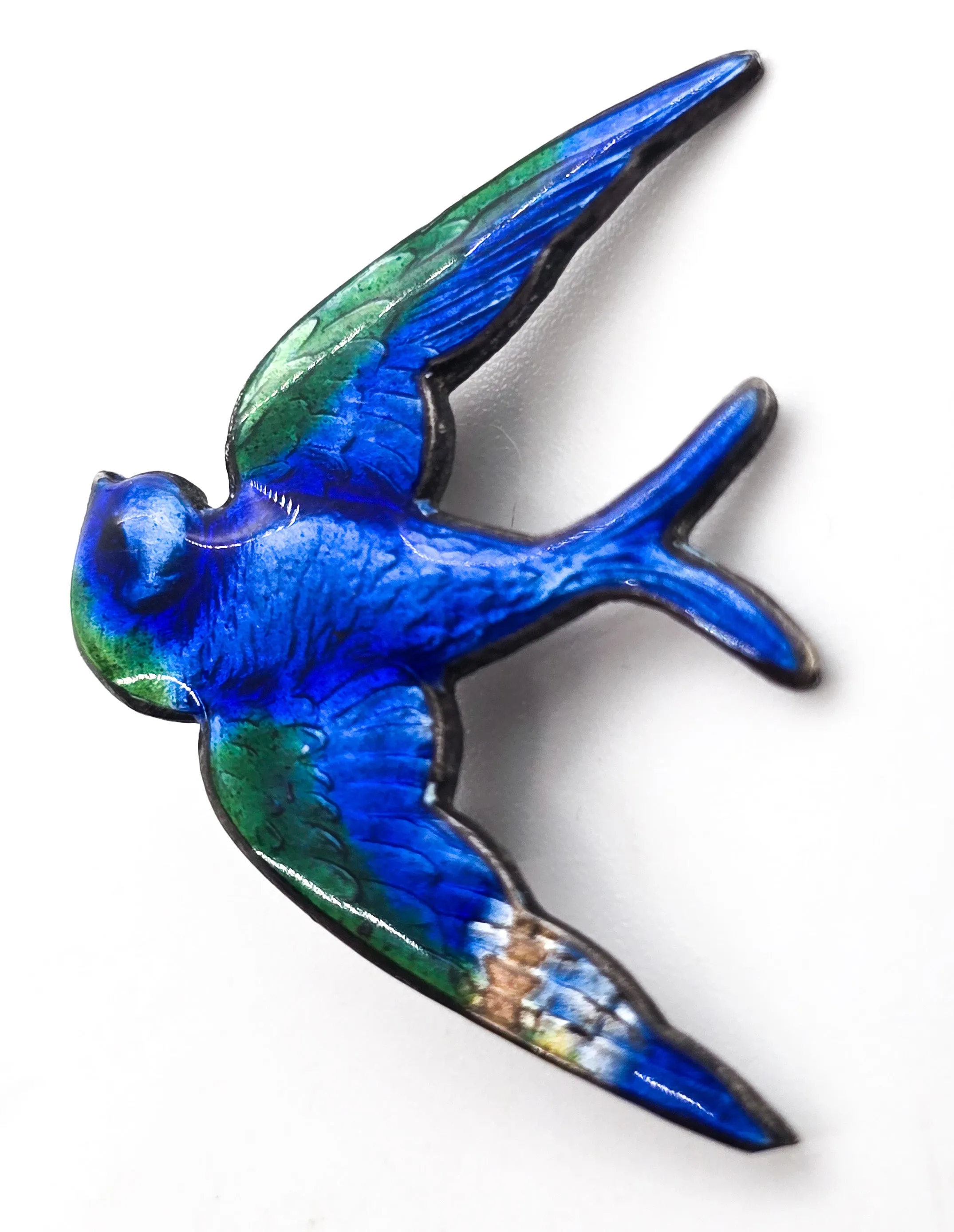 Swallow Guilloche blue and green antique sterling silver brooch DAMAGED