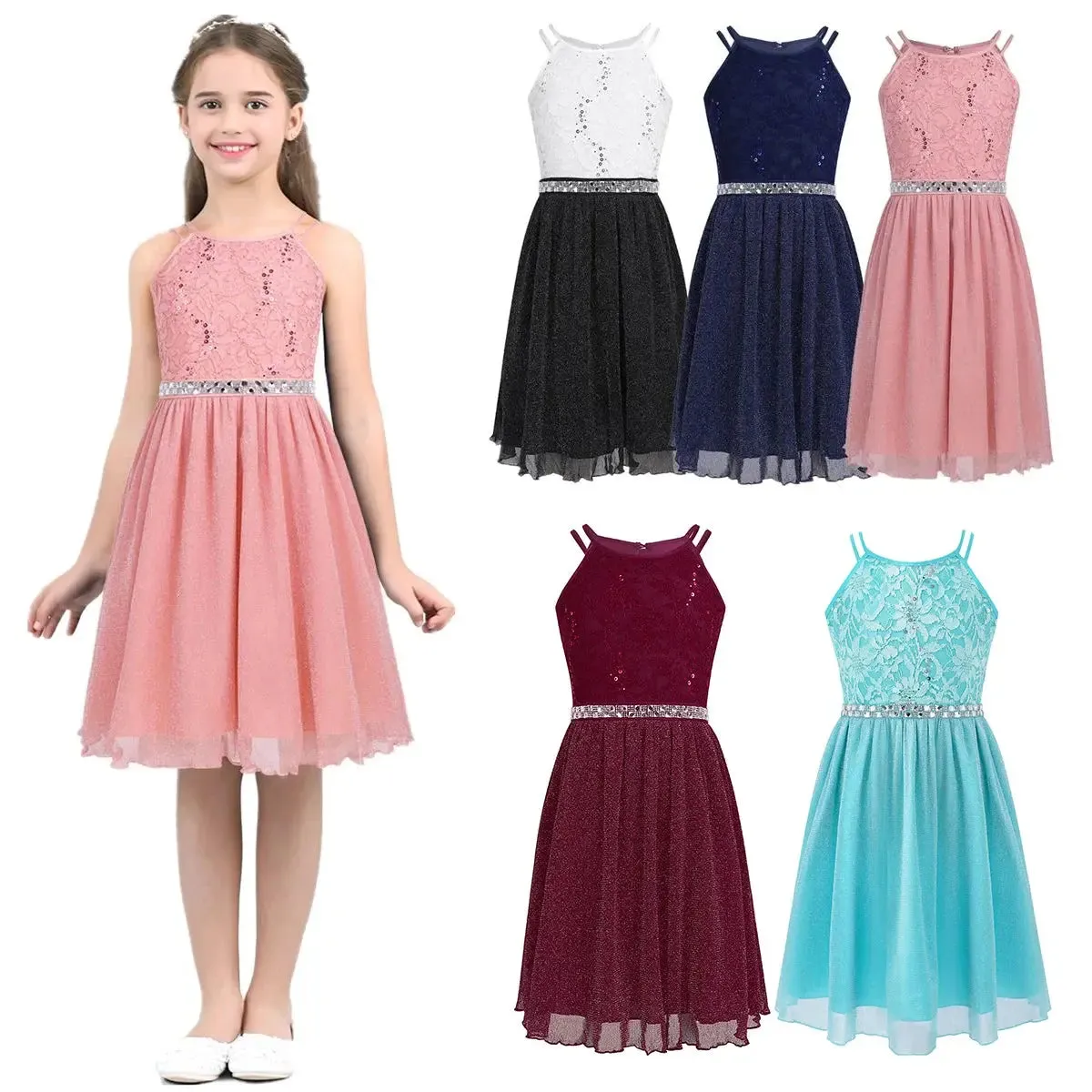 Teen Girls Sleeveless Sequined Floral Lace Shiny Dress for Wedding Formal Birthday Party Dresses