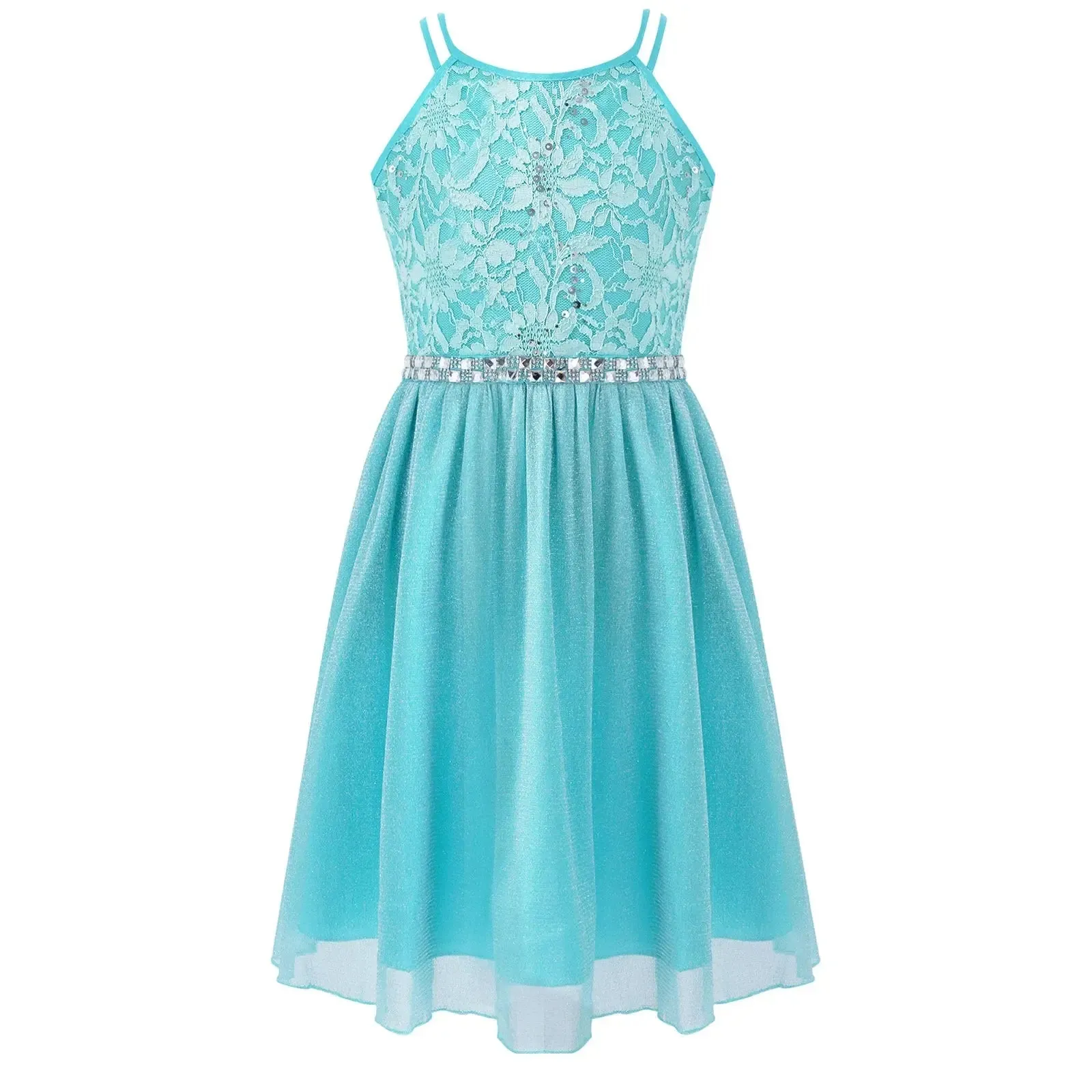 Teen Girls Sleeveless Sequined Floral Lace Shiny Dress for Wedding Formal Birthday Party Dresses