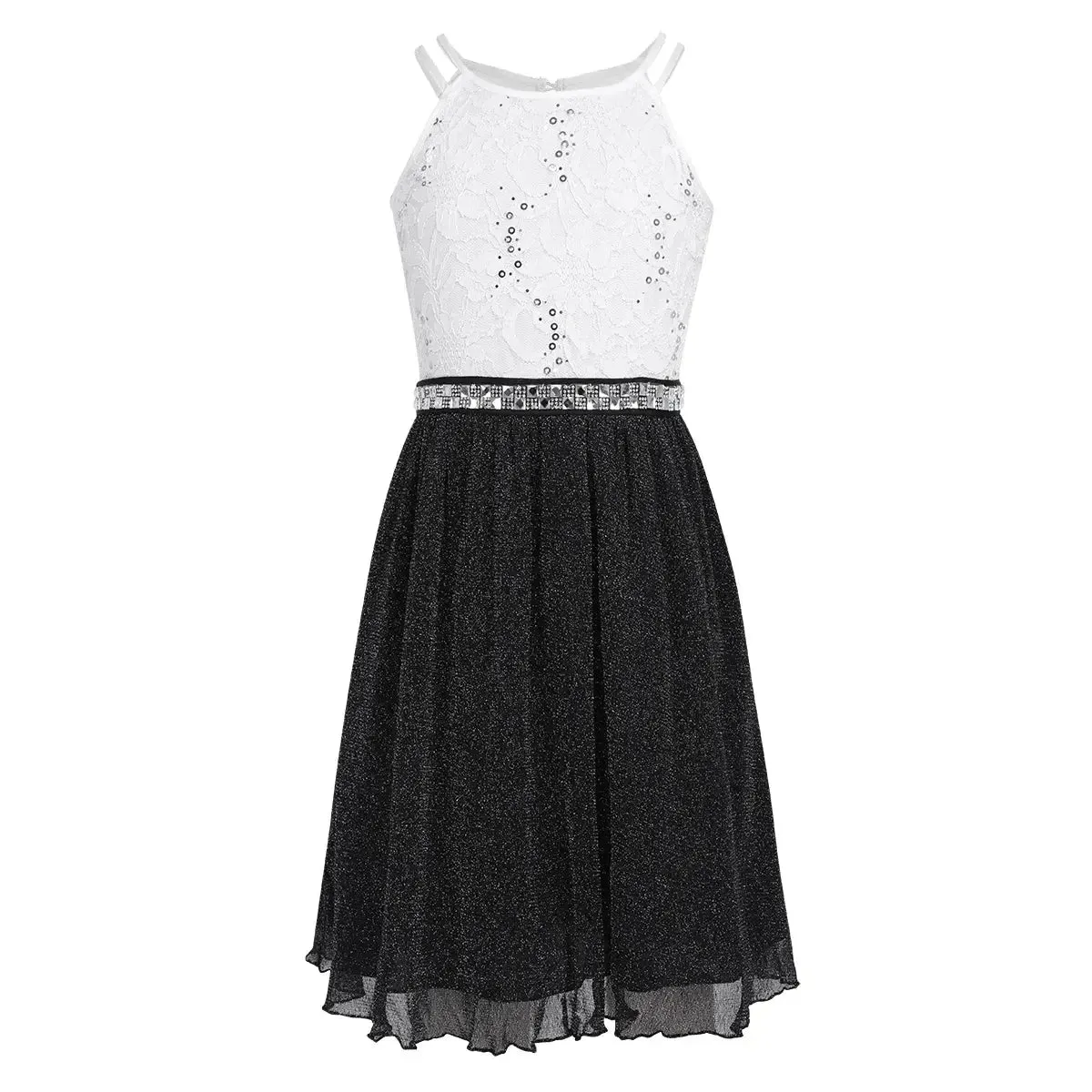 Teen Girls Sleeveless Sequined Floral Lace Shiny Dress for Wedding Formal Birthday Party Dresses