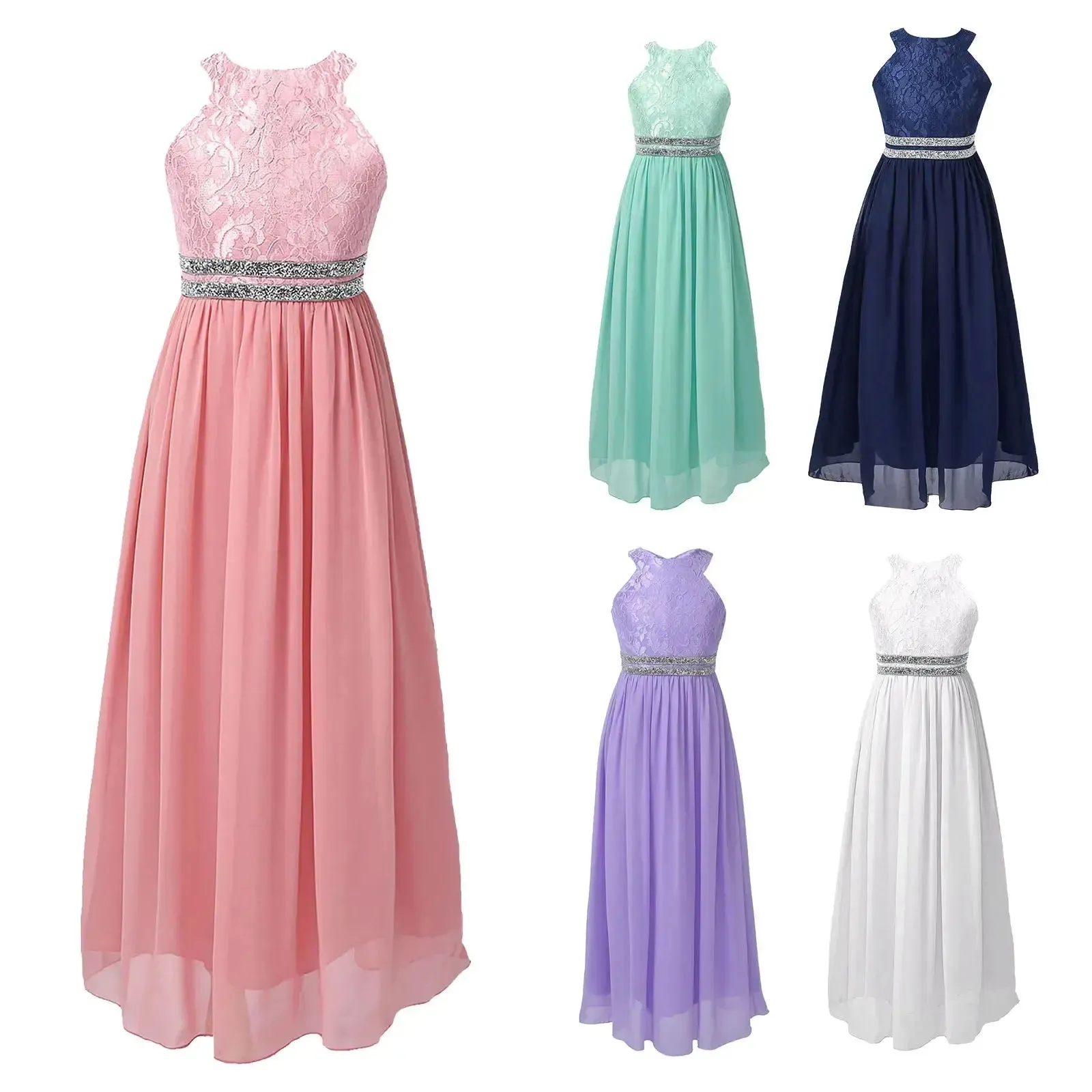 Teen Girls Sleeveless Sequined Floral Lace Shiny Dress for Wedding Formal Birthday Party Dresses