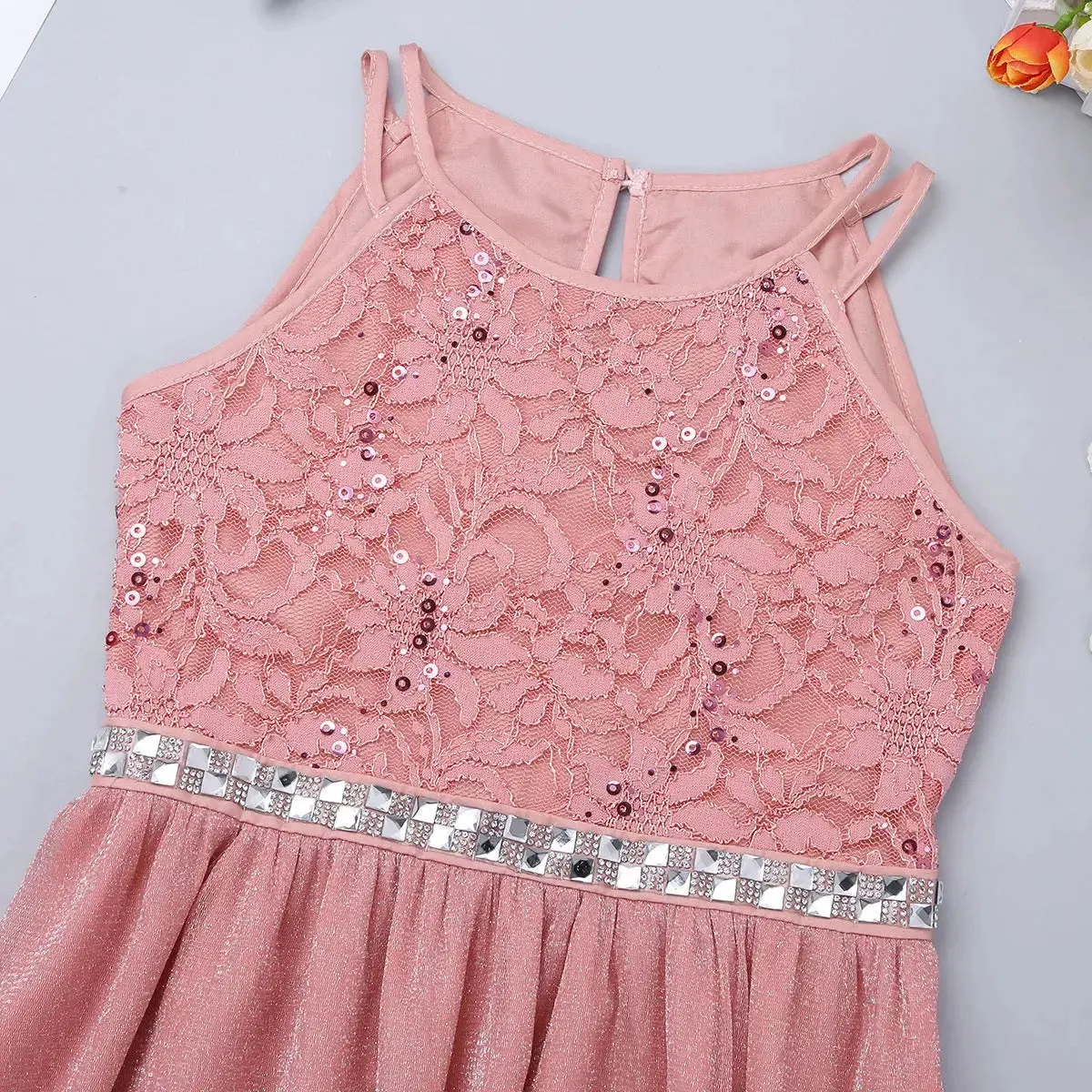 Teen Girls Sleeveless Sequined Floral Lace Shiny Dress for Wedding Formal Birthday Party Dresses