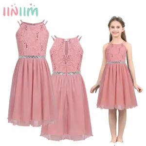 Teen Girls Sleeveless Sequined Floral Lace Shiny Dress for Wedding Formal Birthday Party Dresses