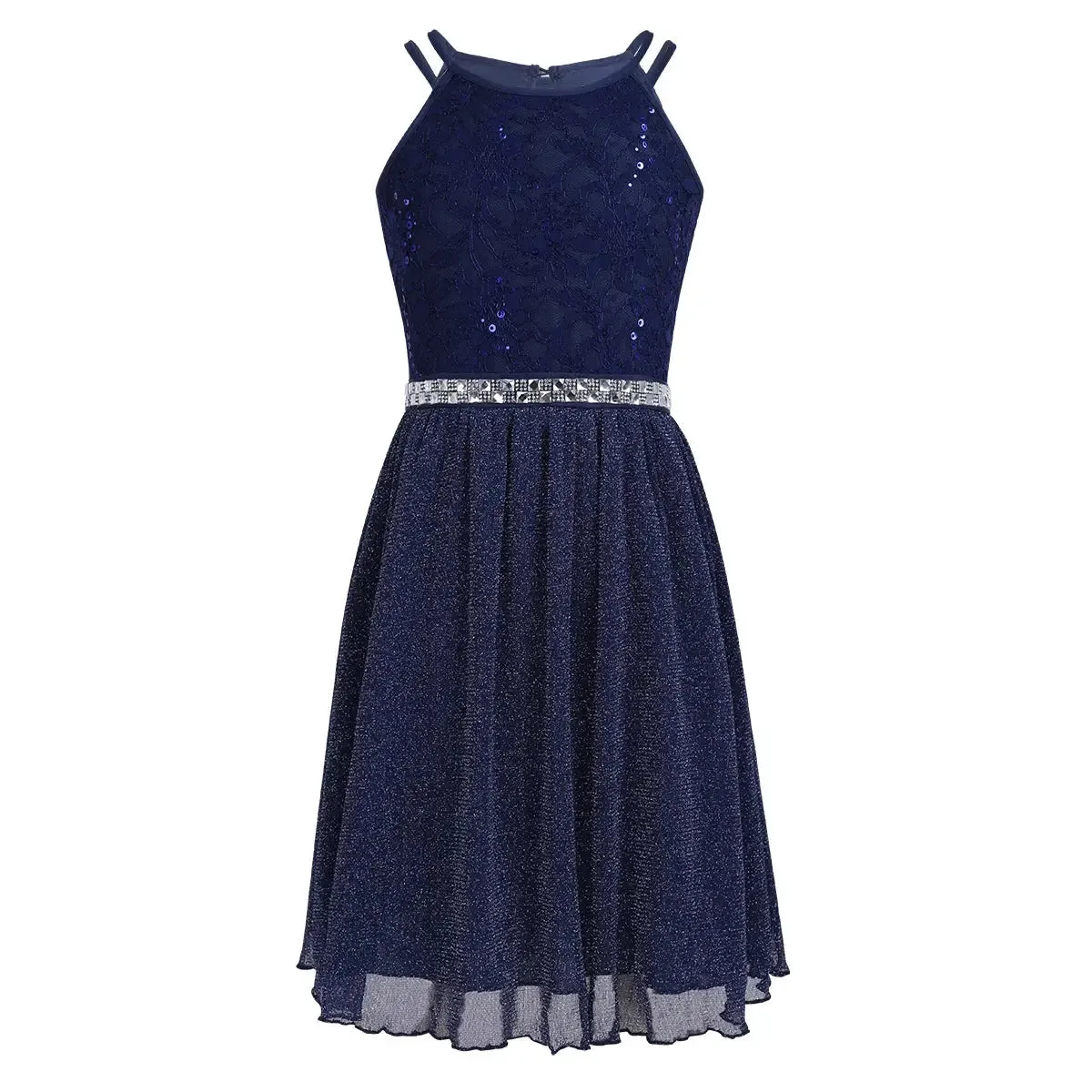 Teen Girls Sleeveless Sequined Floral Lace Shiny Dress for Wedding Formal Birthday Party Dresses