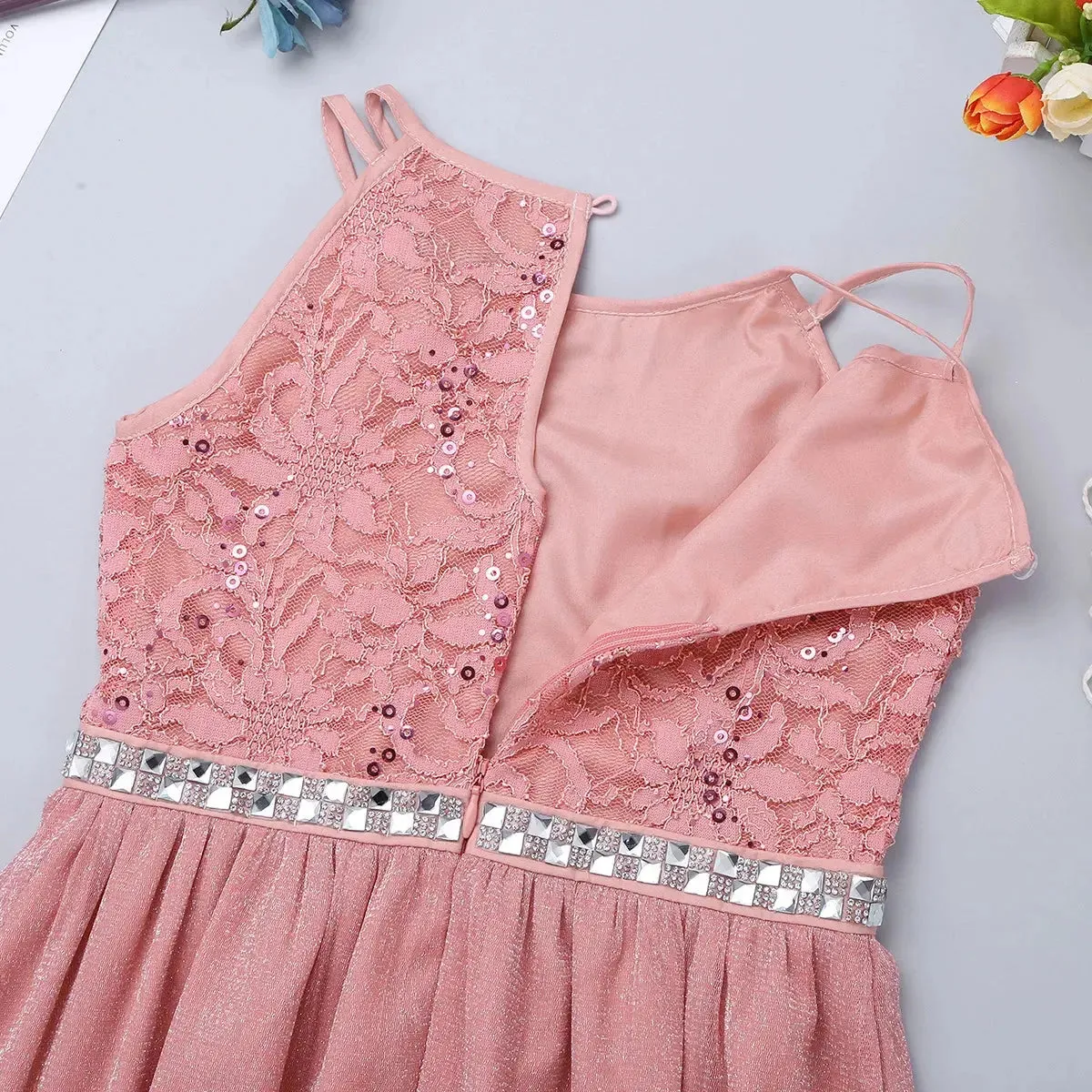 Teen Girls Sleeveless Sequined Floral Lace Shiny Dress for Wedding Formal Birthday Party Dresses