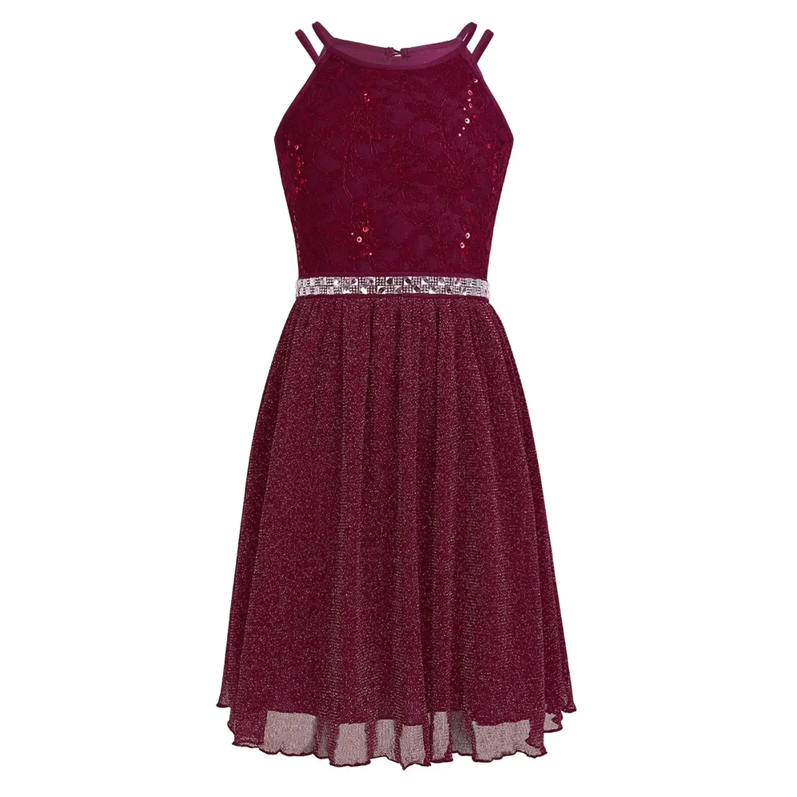 Teen Girls Sleeveless Sequined Floral Lace Shiny Dress for Wedding Formal Birthday Party Dresses