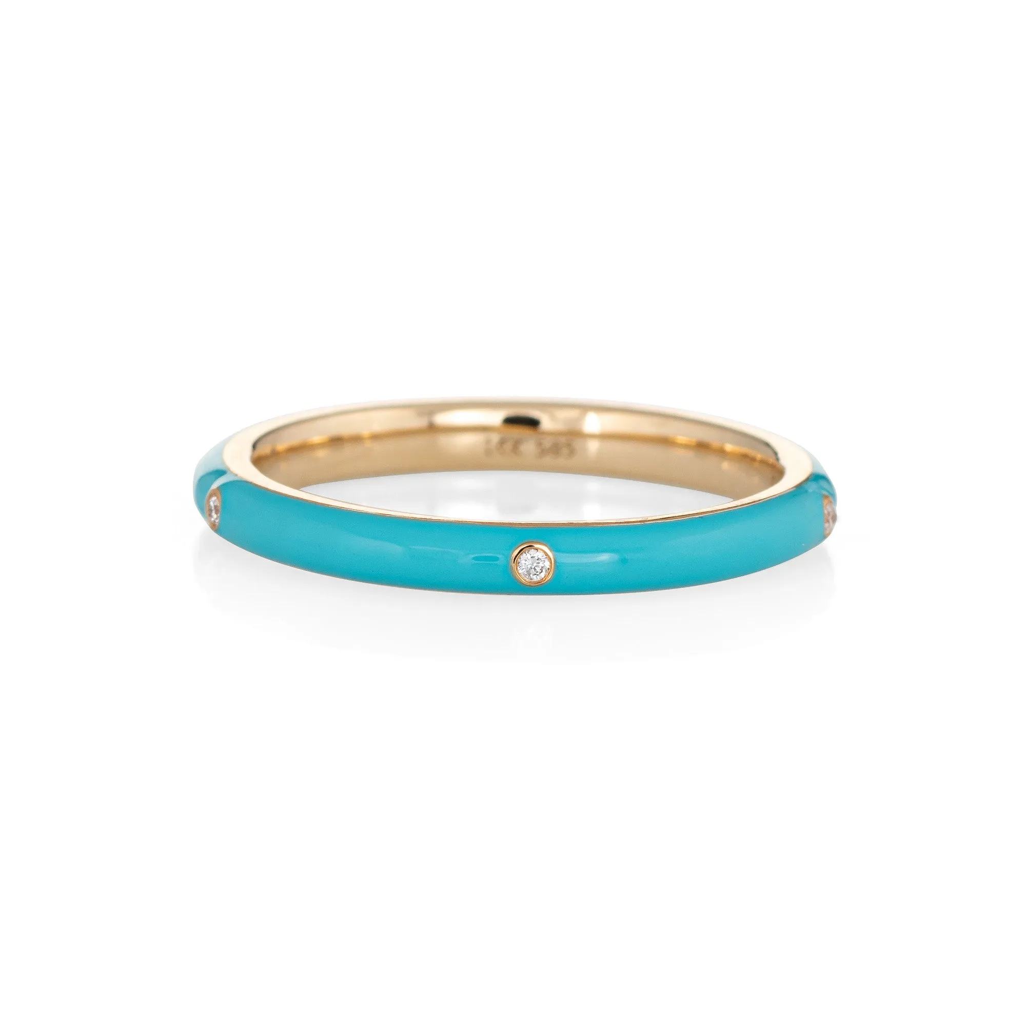 Turquoise Enamel Diamond Ring Sz 6.5 14k Yellow Gold Stacking Band Jewelry