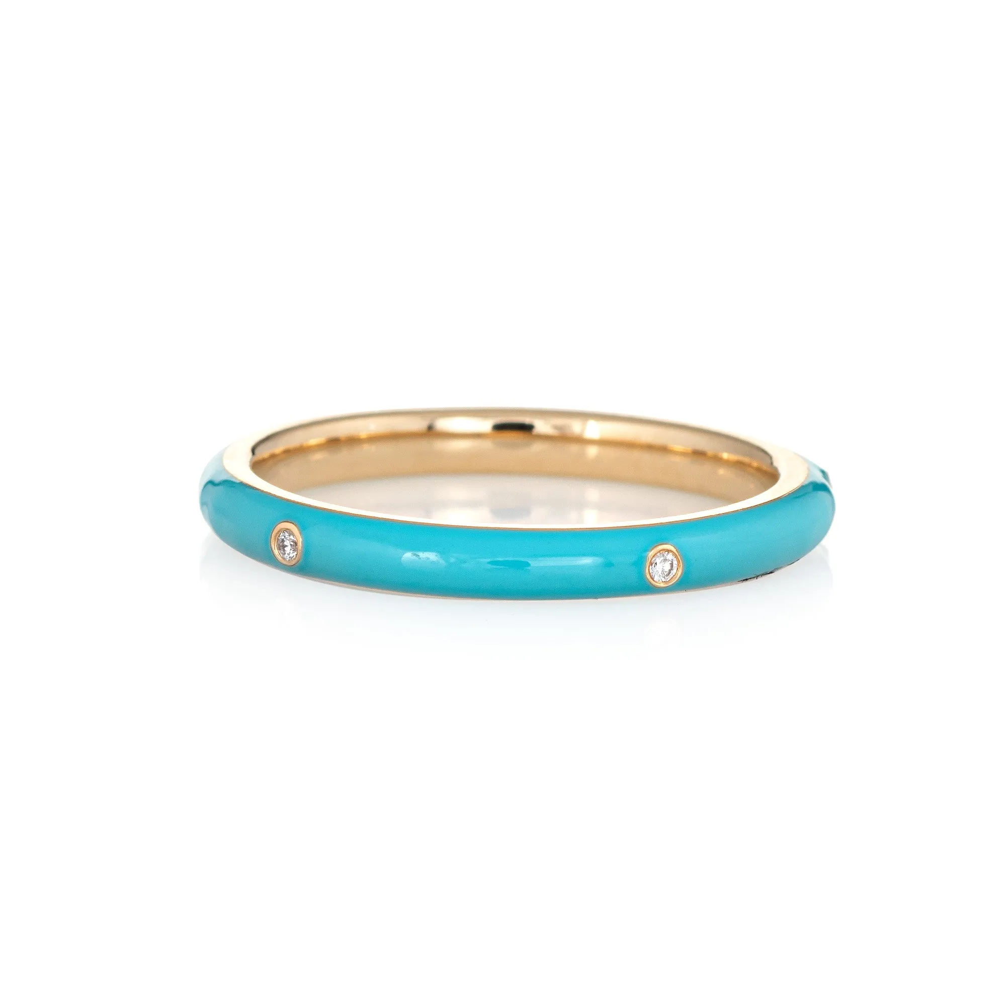 Turquoise Enamel Diamond Ring Sz 6.5 14k Yellow Gold Stacking Band Jewelry