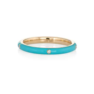 Turquoise Enamel Diamond Ring Sz 6.5 14k Yellow Gold Stacking Band Jewelry