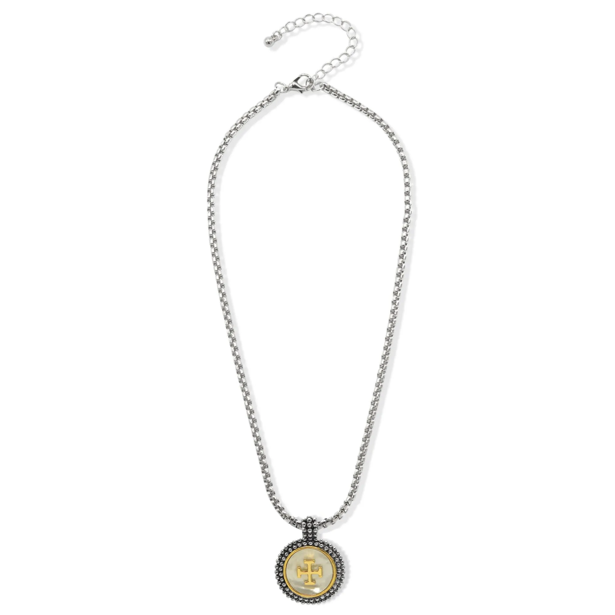 Two-Tone Mother of Pearl or Enamel Round Pendant Box Chain Necklace # 23168EH Explore More Colors ⚪ ⚫(EE9)