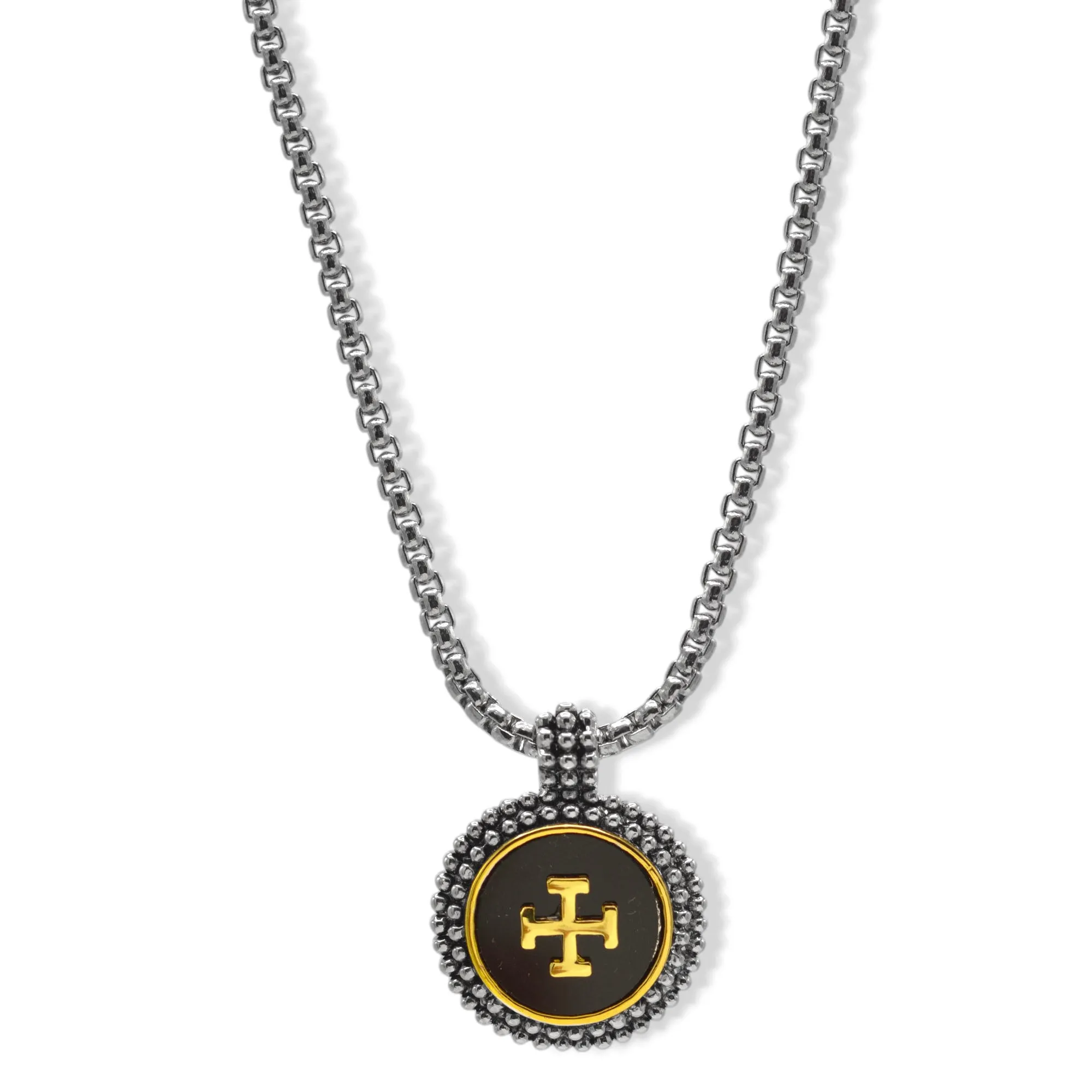 Two-Tone Mother of Pearl or Enamel Round Pendant Box Chain Necklace # 23168EH Explore More Colors ⚪ ⚫(EE9)