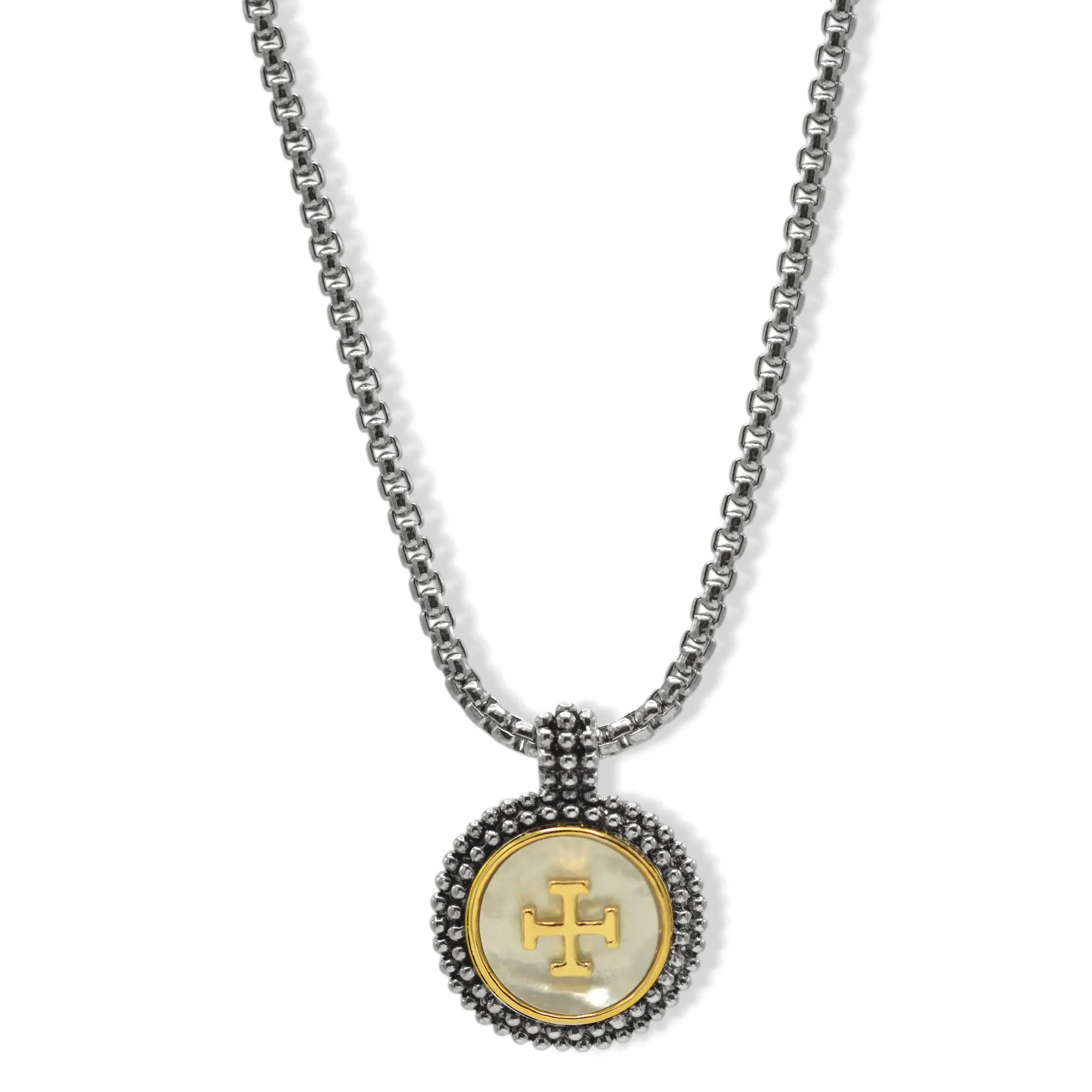 Two-Tone Mother of Pearl or Enamel Round Pendant Box Chain Necklace # 23168EH Explore More Colors ⚪ ⚫(EE9)