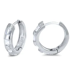 Unique Studded Huggie Hoop Clear Simulated CZ .925 Sterling Silver Simple Huggie Hoop Earrings