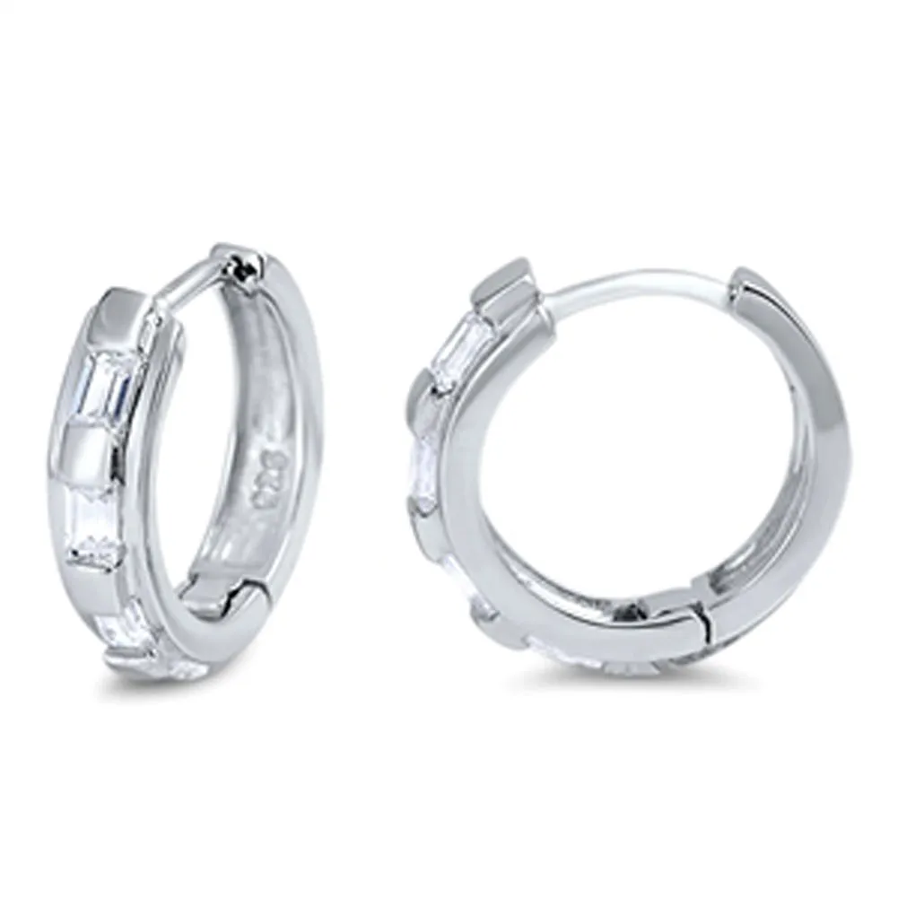 Unique Studded Huggie Hoop Clear Simulated CZ .925 Sterling Silver Simple Huggie Hoop Earrings