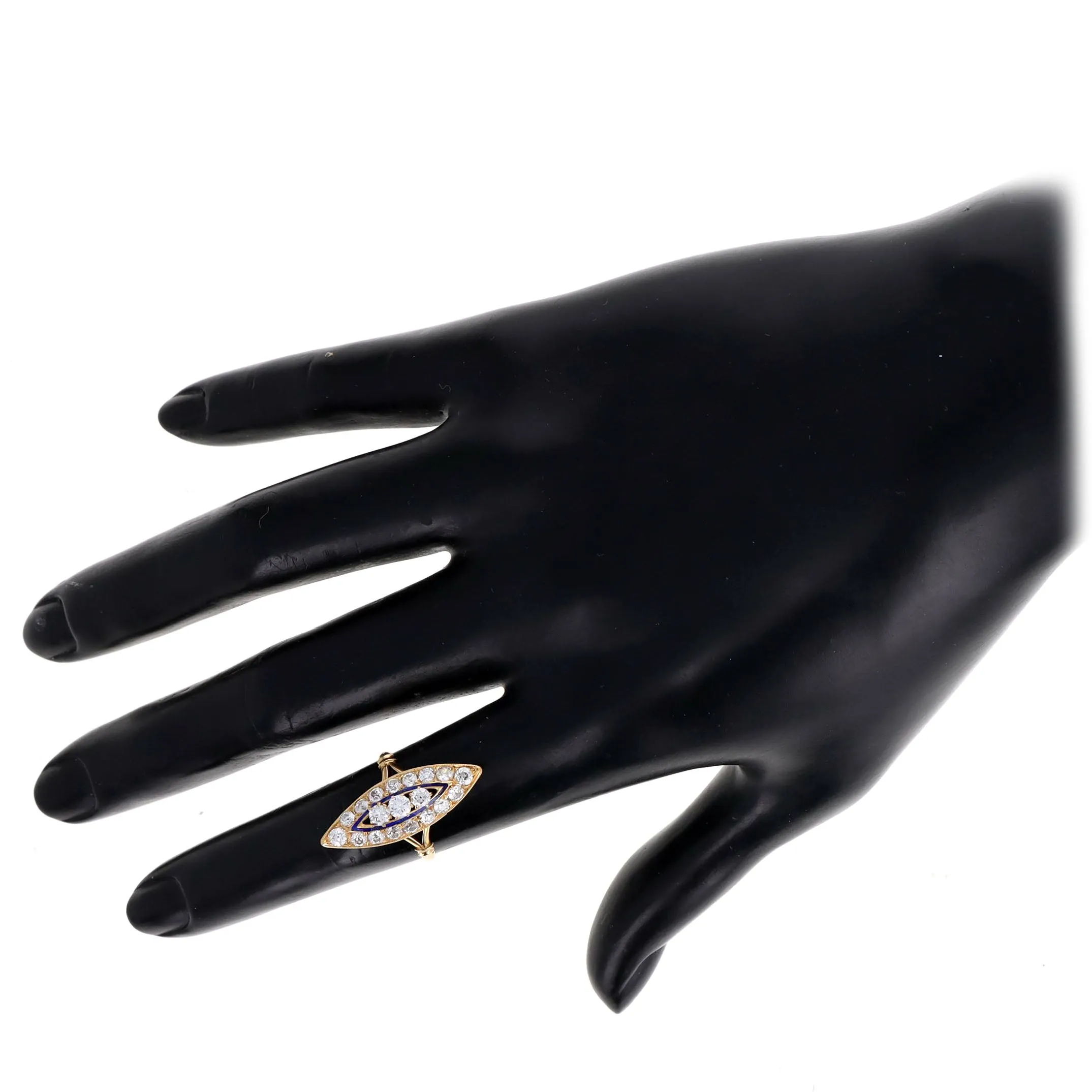 Victorian 1.25 Carat Total Weight Old European Diamond Enamel Navette Ring in 18K Yellow Gold