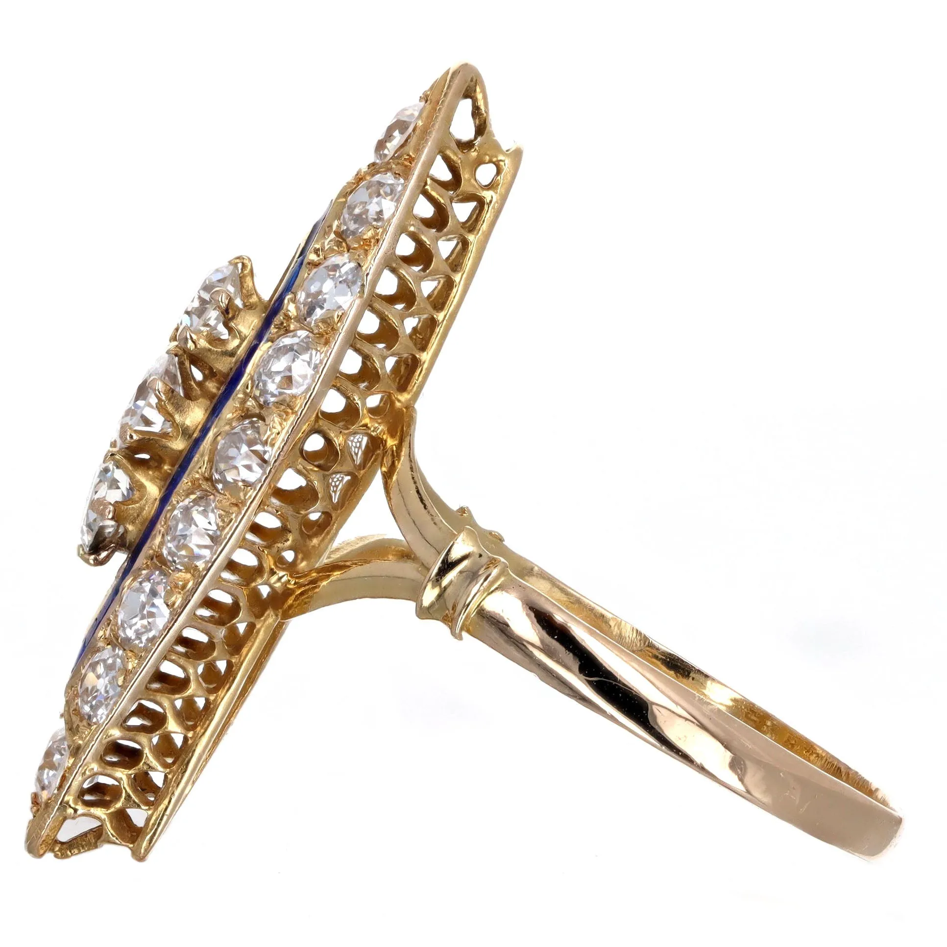 Victorian 1.25 Carat Total Weight Old European Diamond Enamel Navette Ring in 18K Yellow Gold