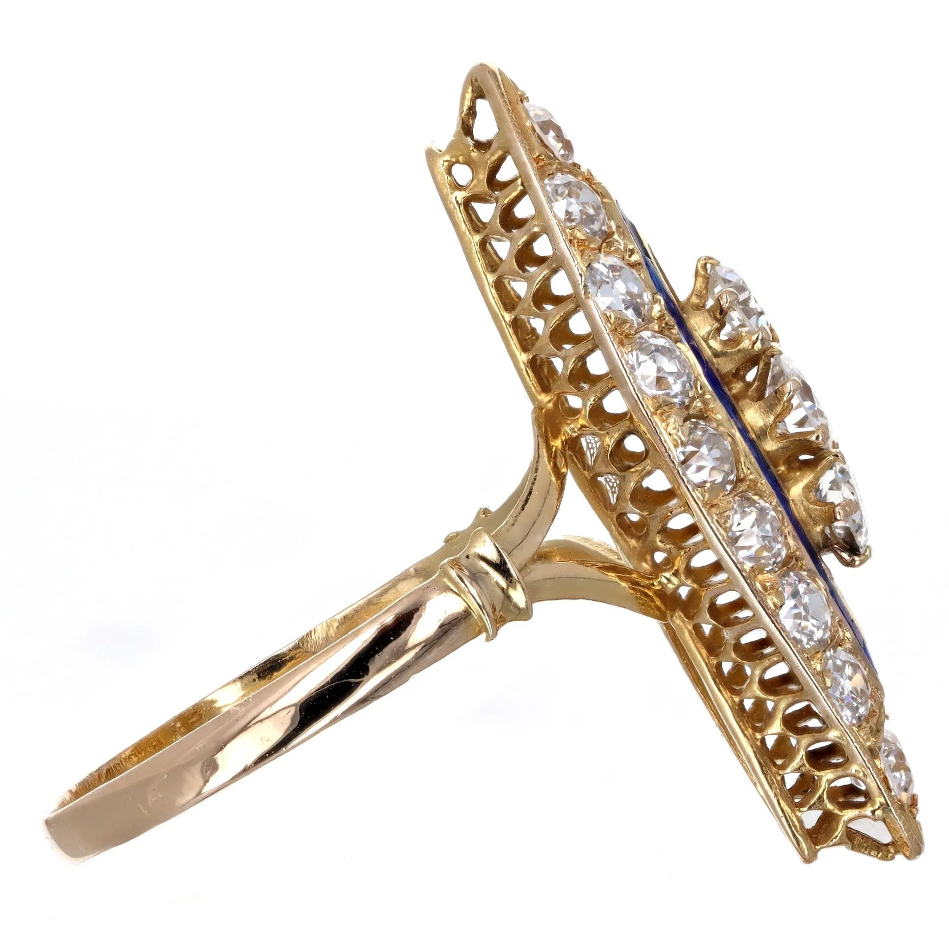 Victorian 1.25 Carat Total Weight Old European Diamond Enamel Navette Ring in 18K Yellow Gold