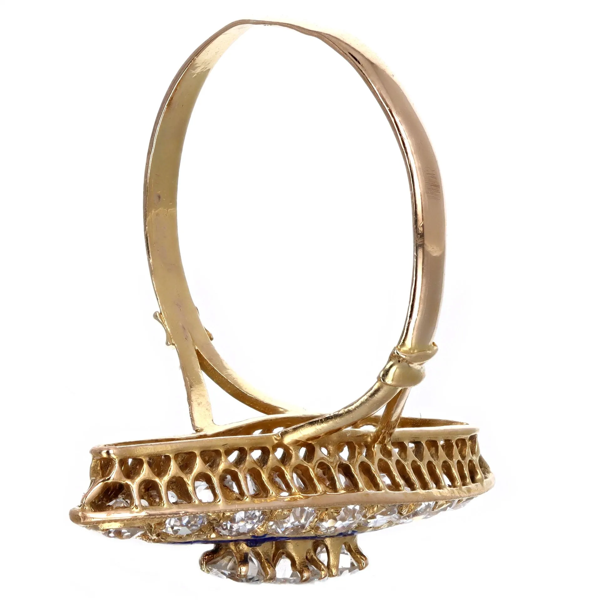 Victorian 1.25 Carat Total Weight Old European Diamond Enamel Navette Ring in 18K Yellow Gold