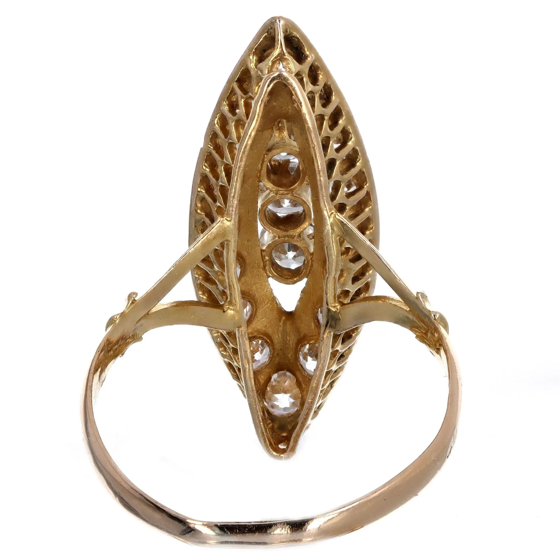 Victorian 1.25 Carat Total Weight Old European Diamond Enamel Navette Ring in 18K Yellow Gold