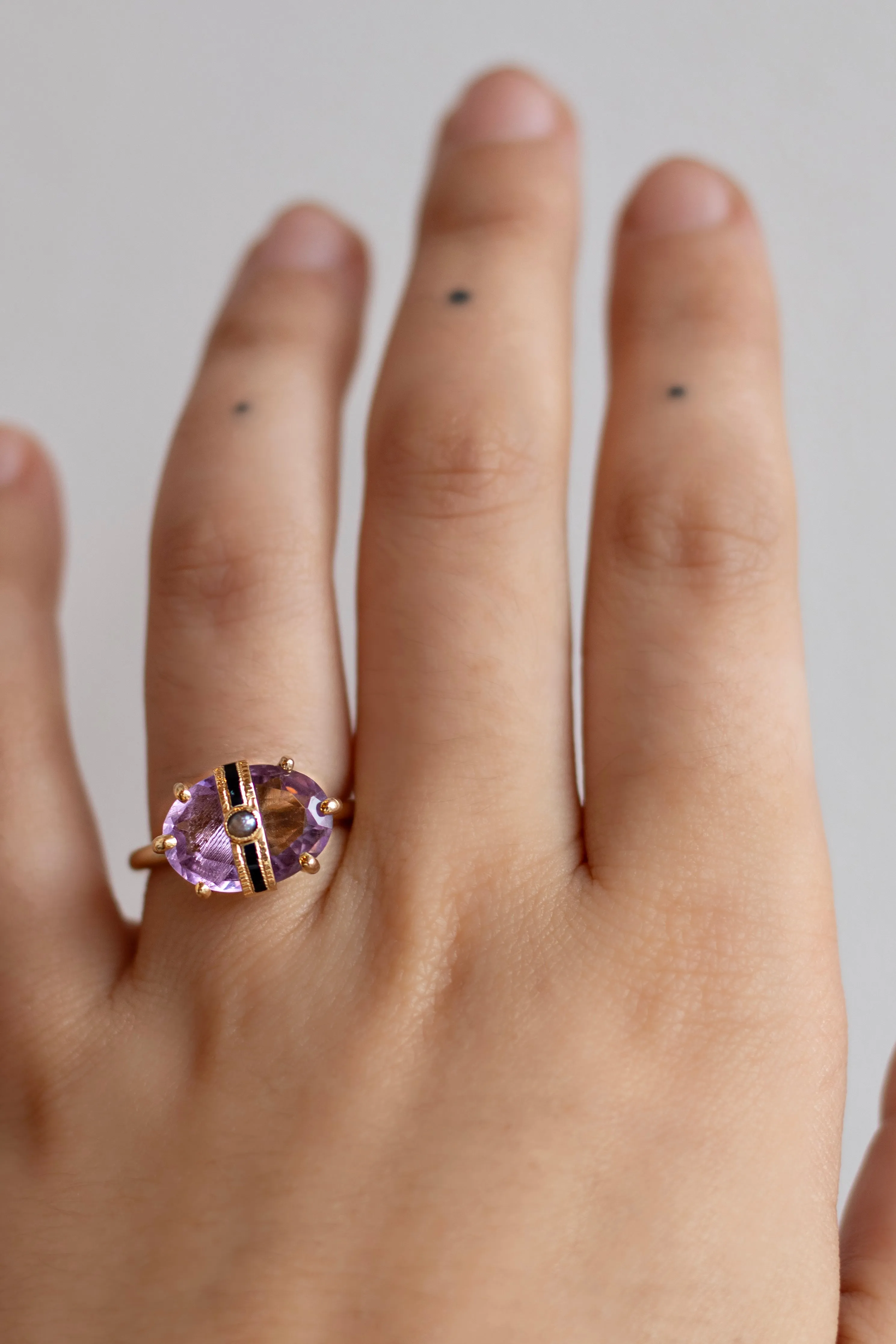 Victorian 14K Gold Amethyst and Seed Pearl Ribbon Ring