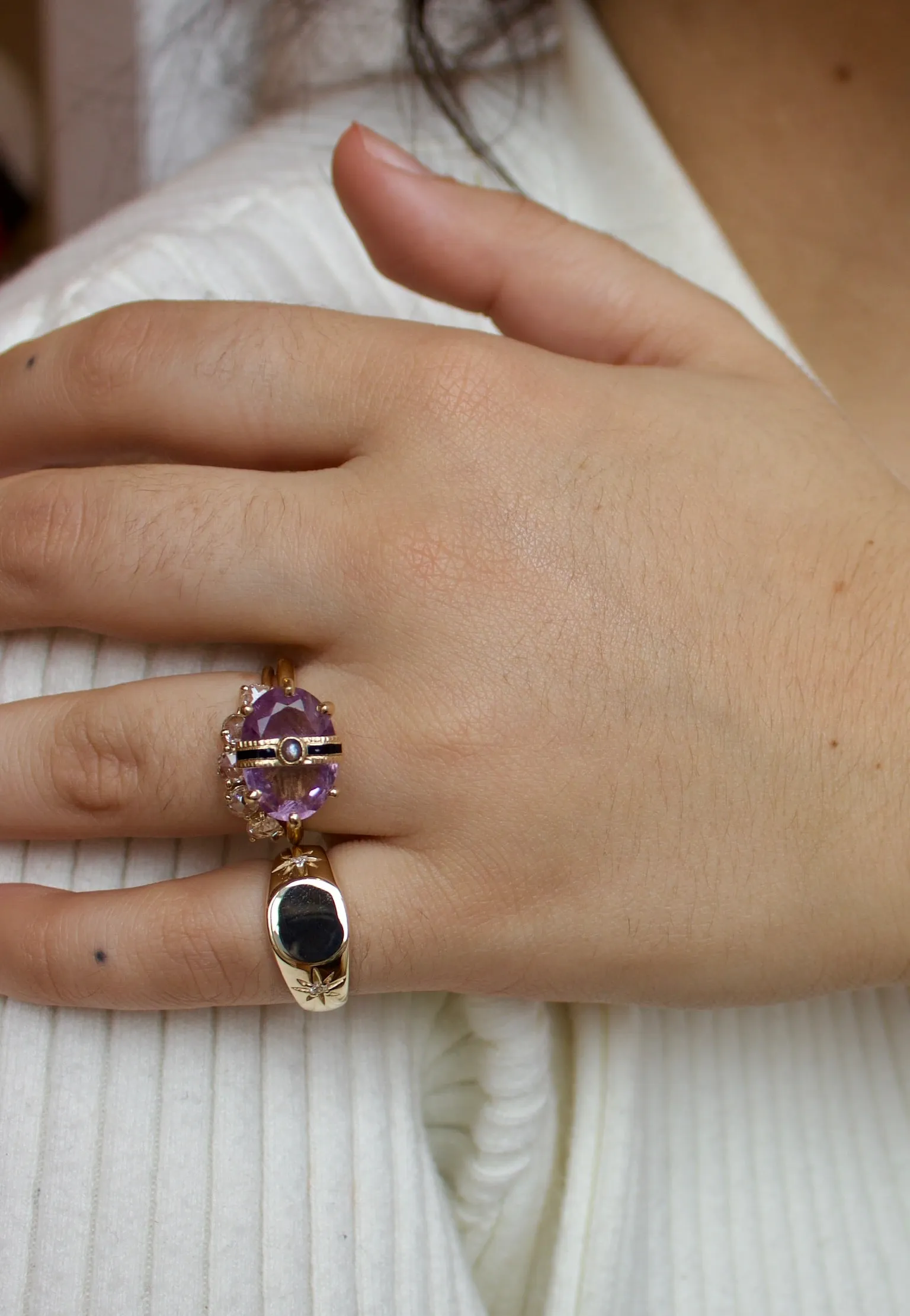 Victorian 14K Gold Amethyst and Seed Pearl Ribbon Ring