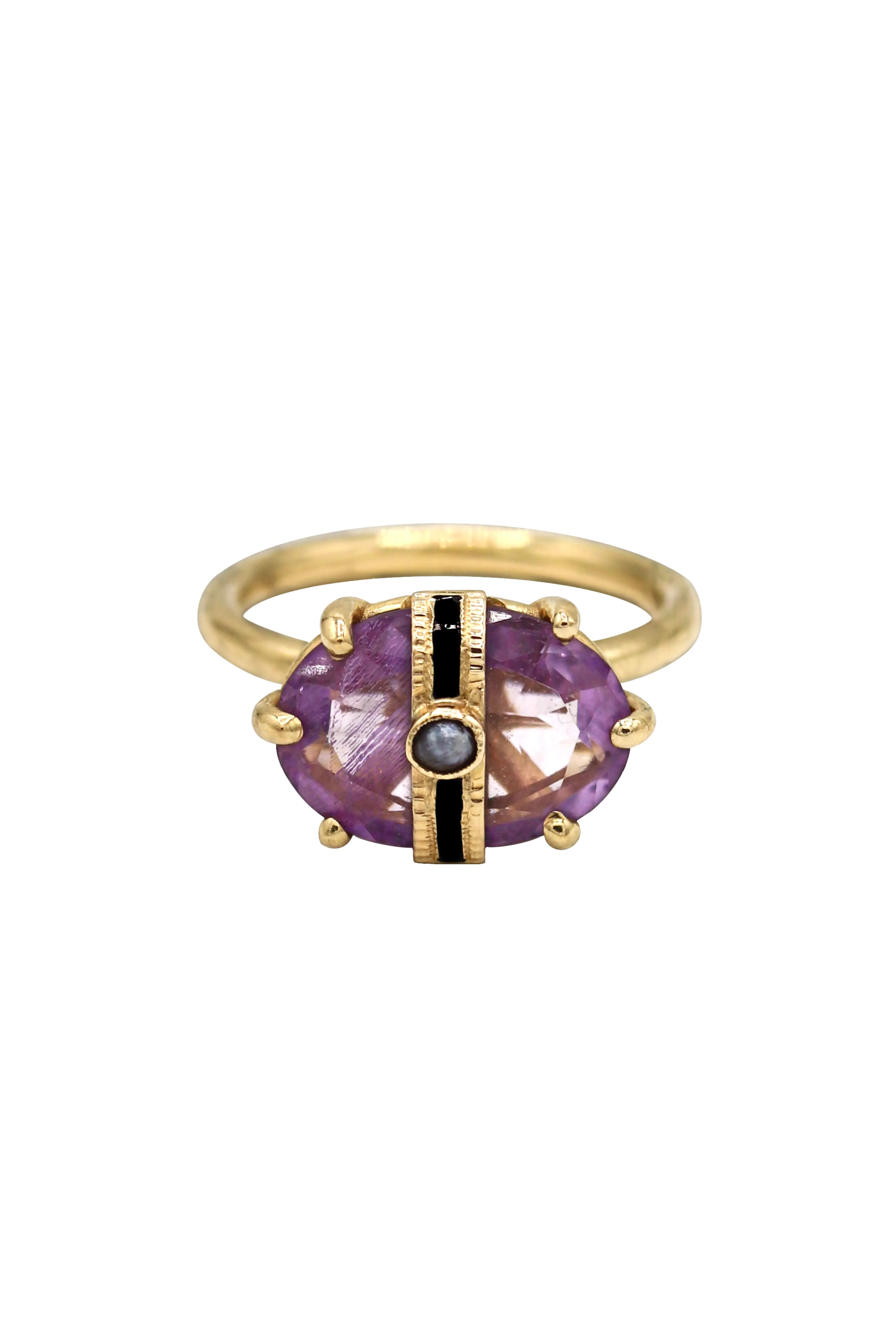 Victorian 14K Gold Amethyst and Seed Pearl Ribbon Ring
