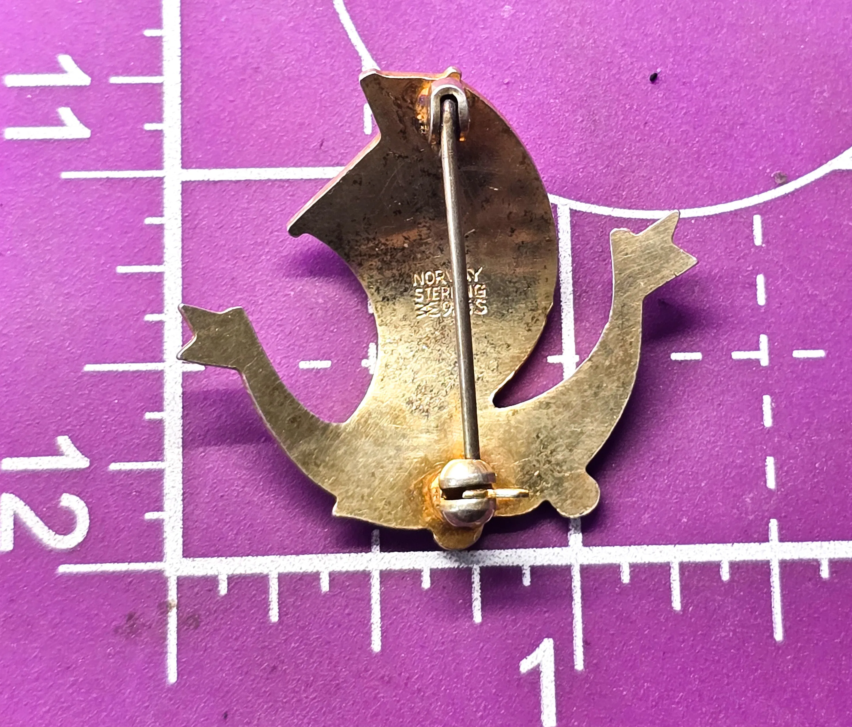Viking ship Guilloche Aksel Holmsen Norway Sterling Silver Enameled brooch CHIPPED