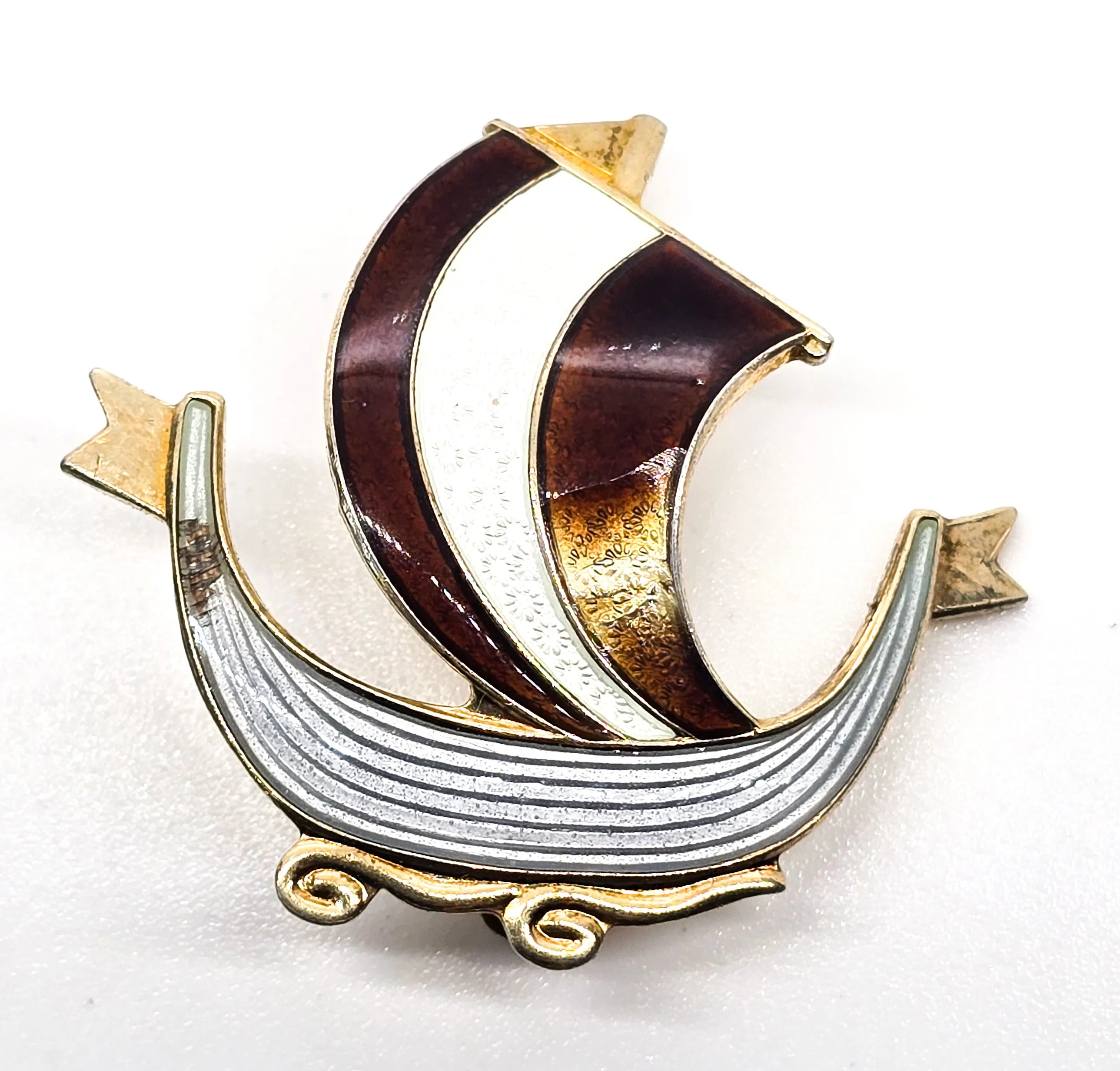 Viking ship Guilloche Aksel Holmsen Norway Sterling Silver Enameled brooch CHIPPED