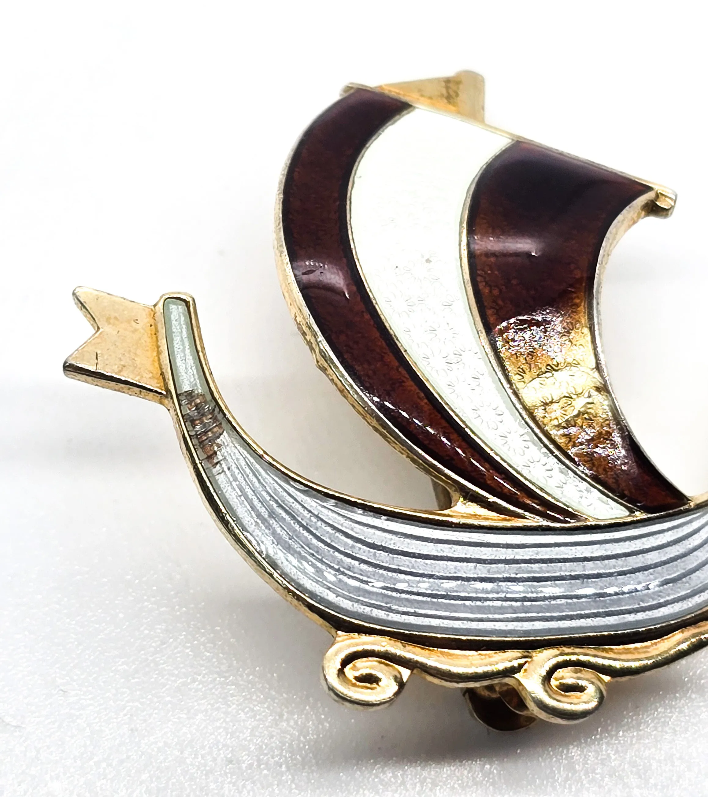 Viking ship Guilloche Aksel Holmsen Norway Sterling Silver Enameled brooch CHIPPED