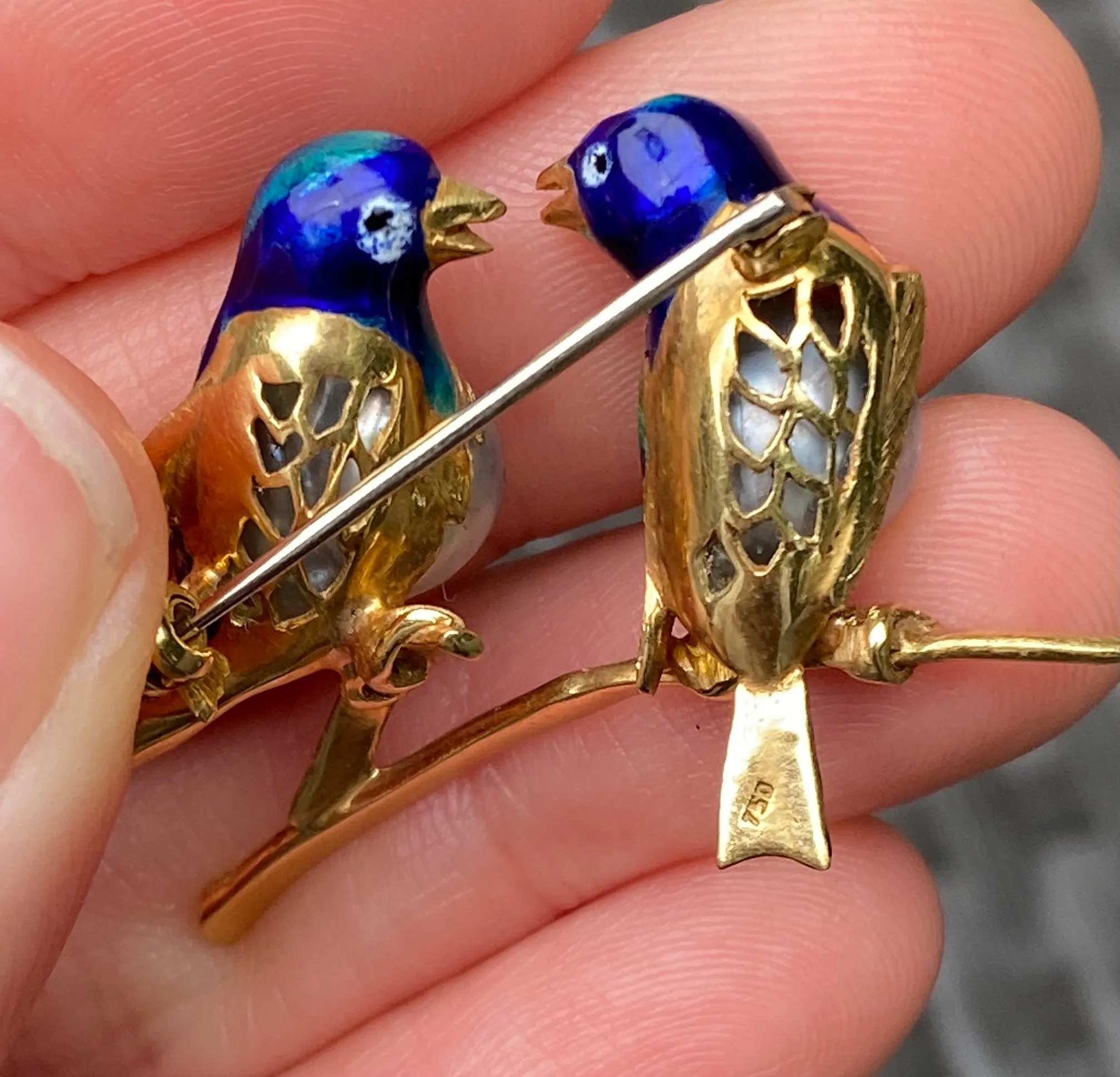 Vintage 18K Gold, Enamel, and Pearl Love Birds Brooch, Parrot Pin