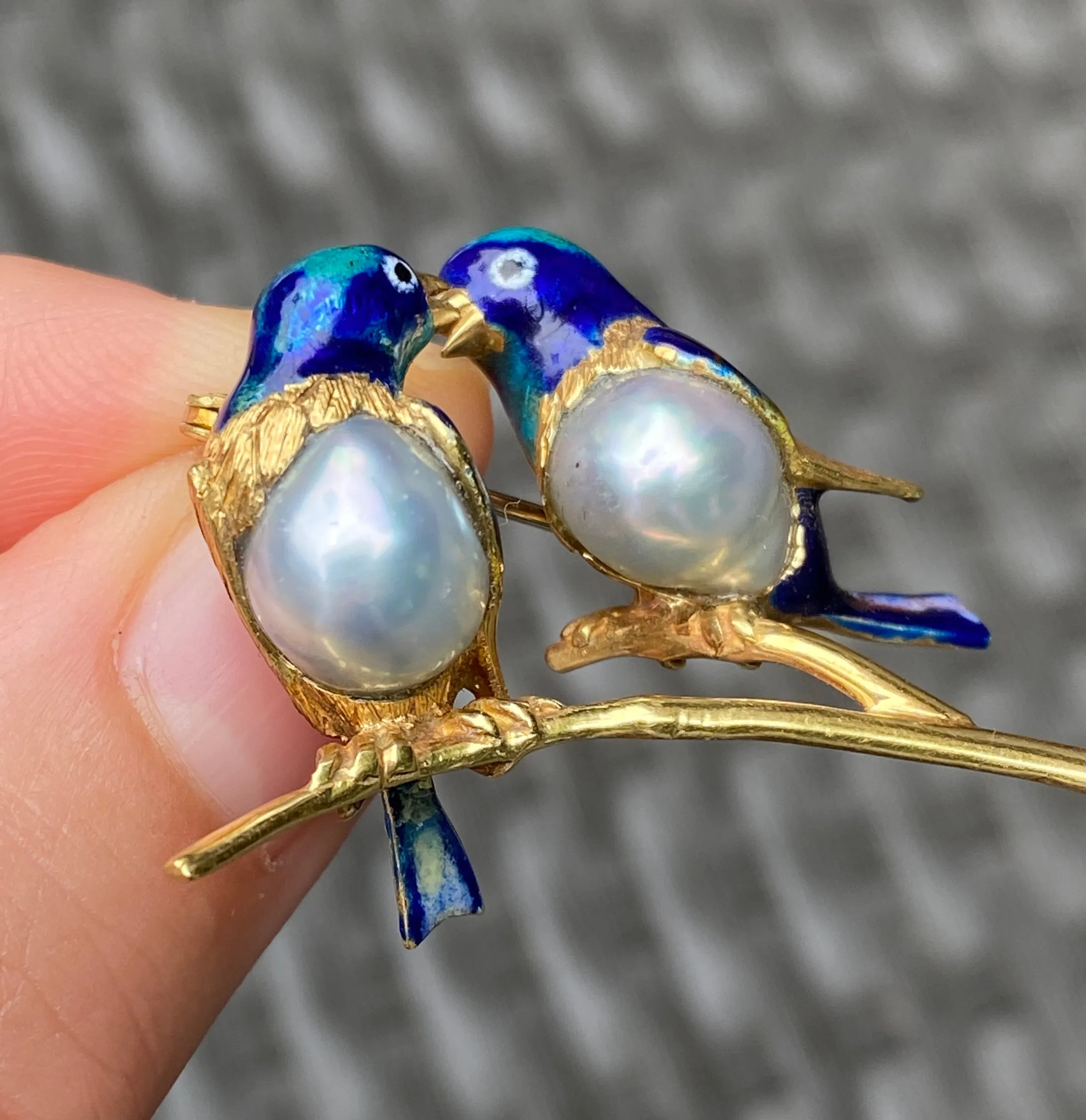 Vintage 18K Gold, Enamel, and Pearl Love Birds Brooch, Parrot Pin