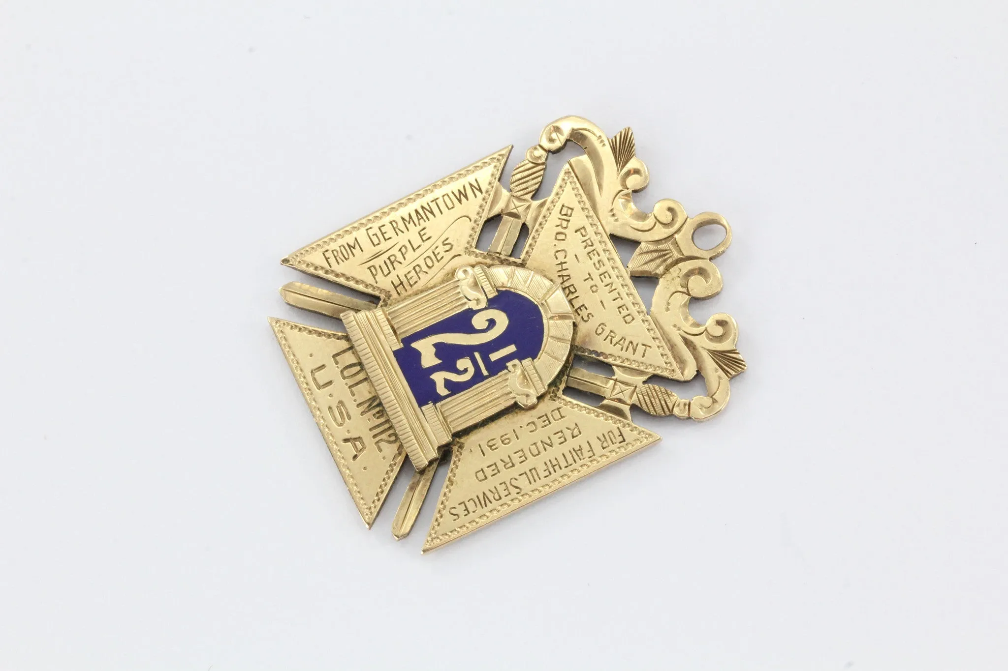 Vintage 1931 10K Gold Masonic Fraternal Enamel Purple Heroes Pendant Badge