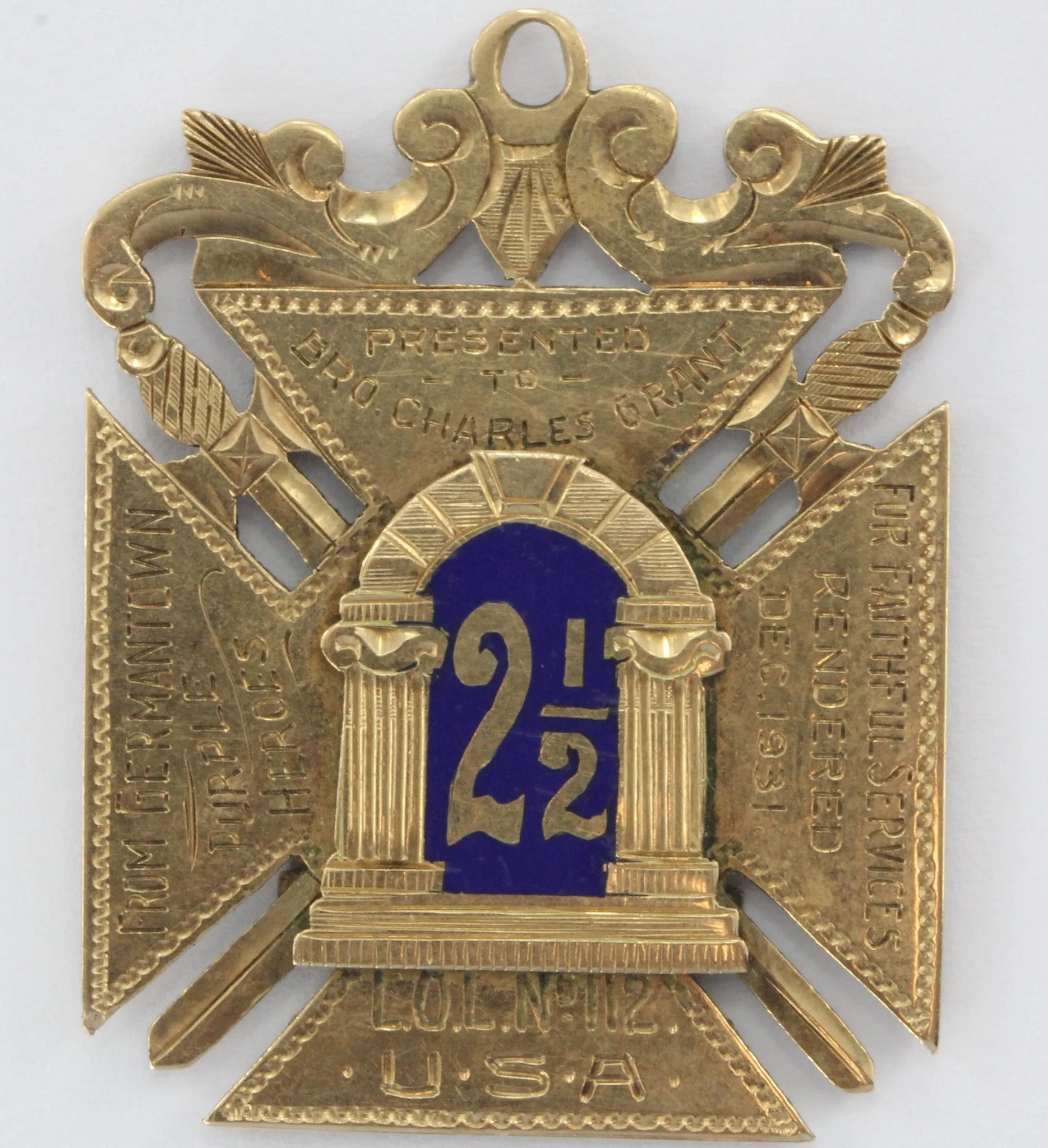 Vintage 1931 10K Gold Masonic Fraternal Enamel Purple Heroes Pendant Badge