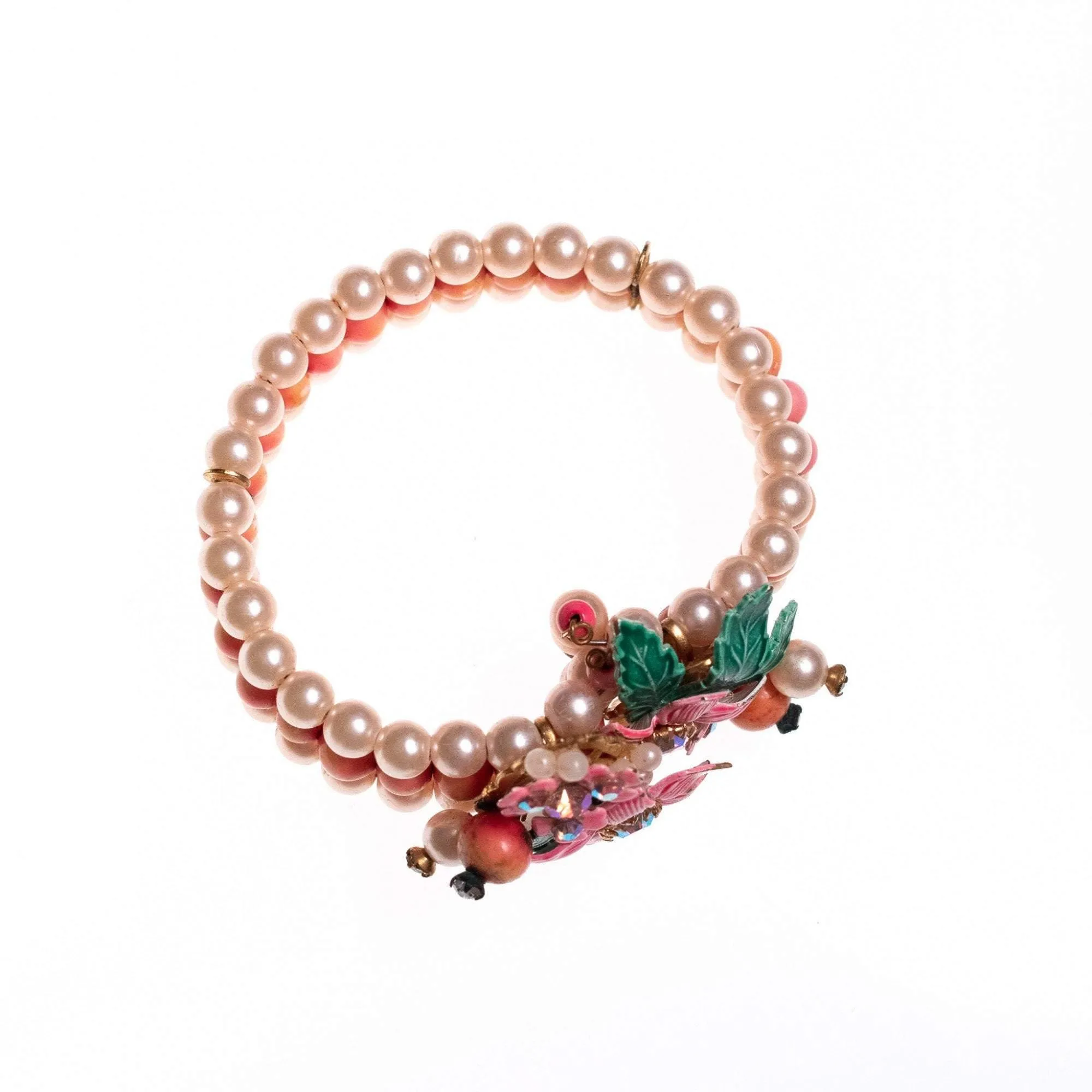 Vintage 1950s Pearl Bracelet with Artisan Floral Detailing