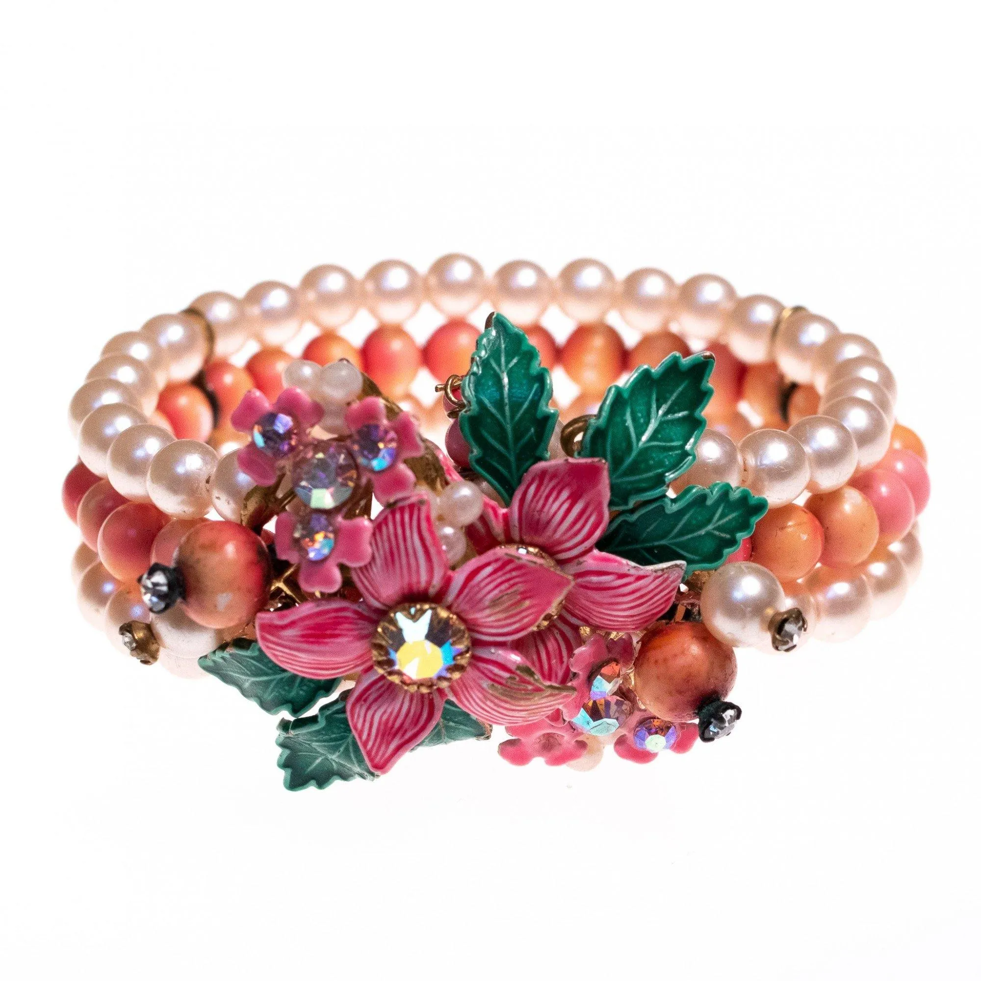 Vintage 1950s Pearl Bracelet with Artisan Floral Detailing