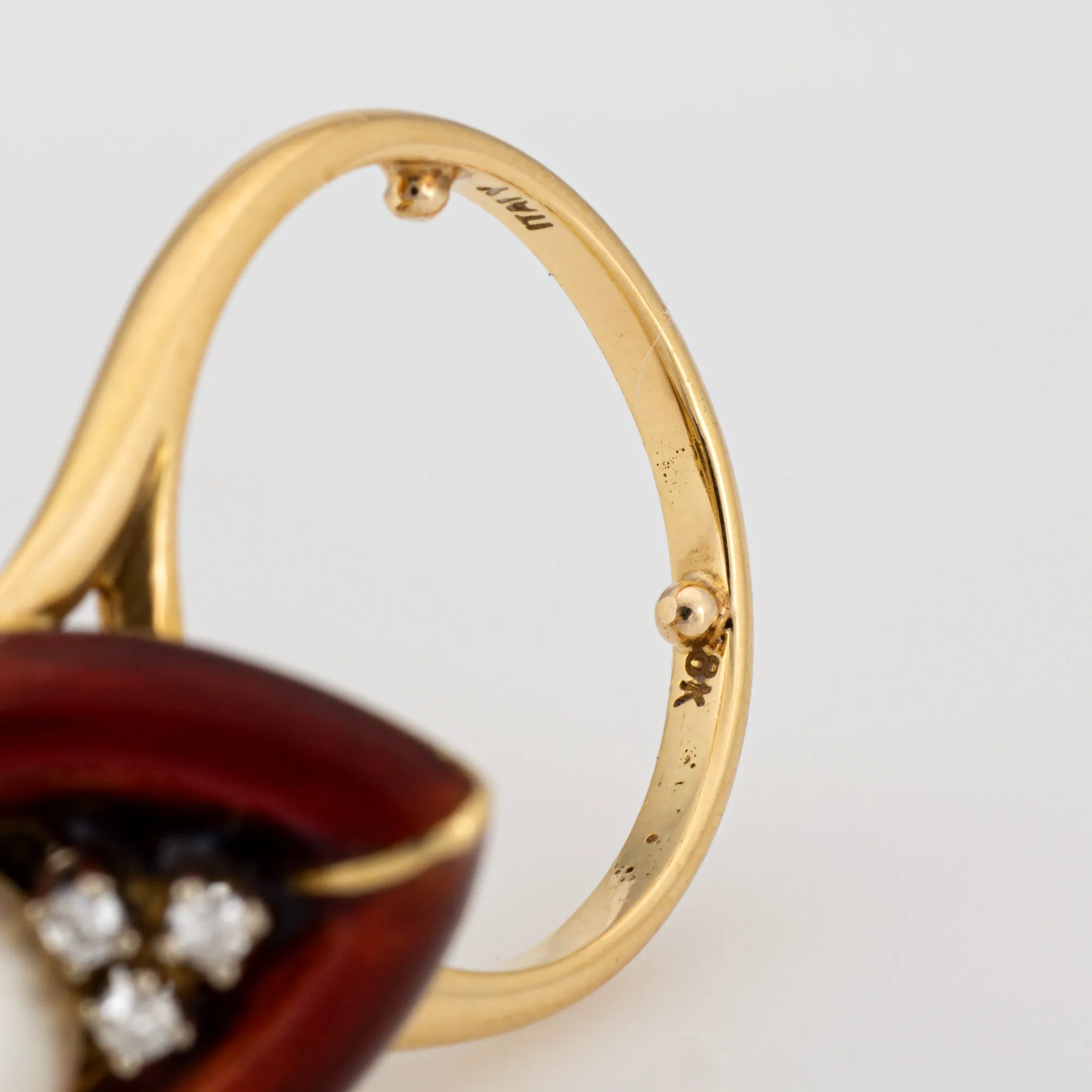 Vintage Abstract Ring Diamond Red Enamel Cultured Pearl Sz 6 Cocktail Jewelry