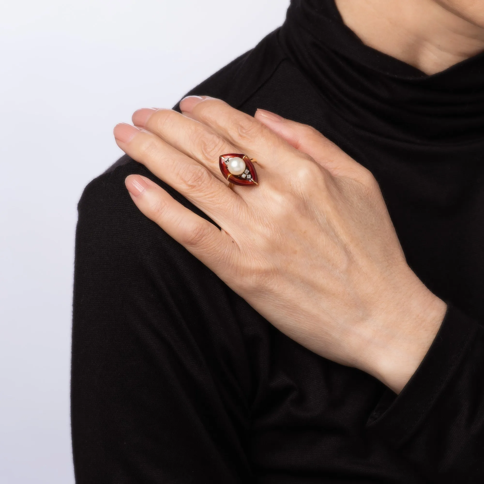 Vintage Abstract Ring Diamond Red Enamel Cultured Pearl Sz 6 Cocktail Jewelry
