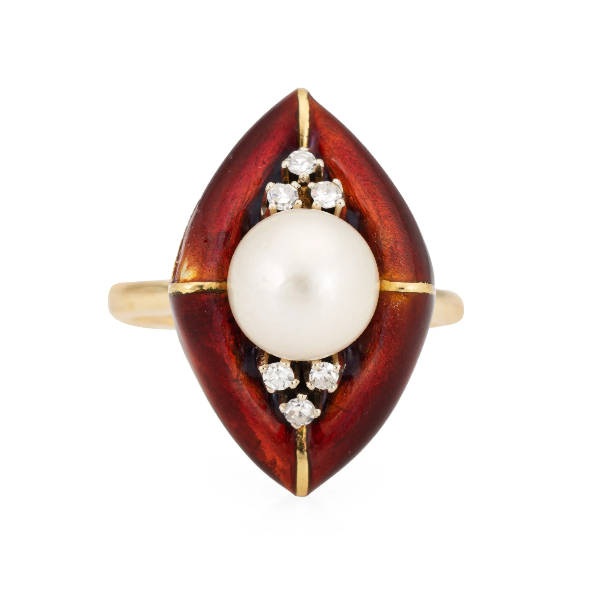 Vintage Abstract Ring Diamond Red Enamel Cultured Pearl Sz 6 Cocktail Jewelry
