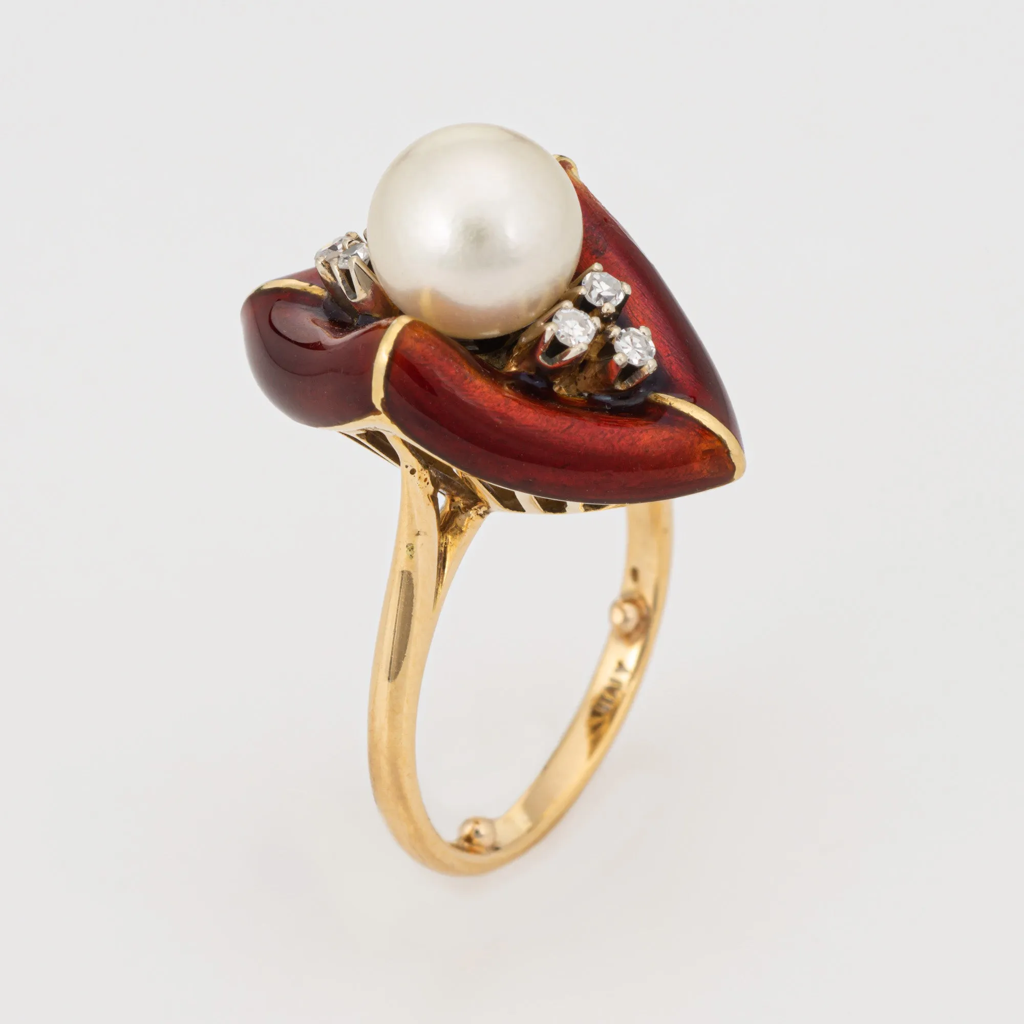Vintage Abstract Ring Diamond Red Enamel Cultured Pearl Sz 6 Cocktail Jewelry