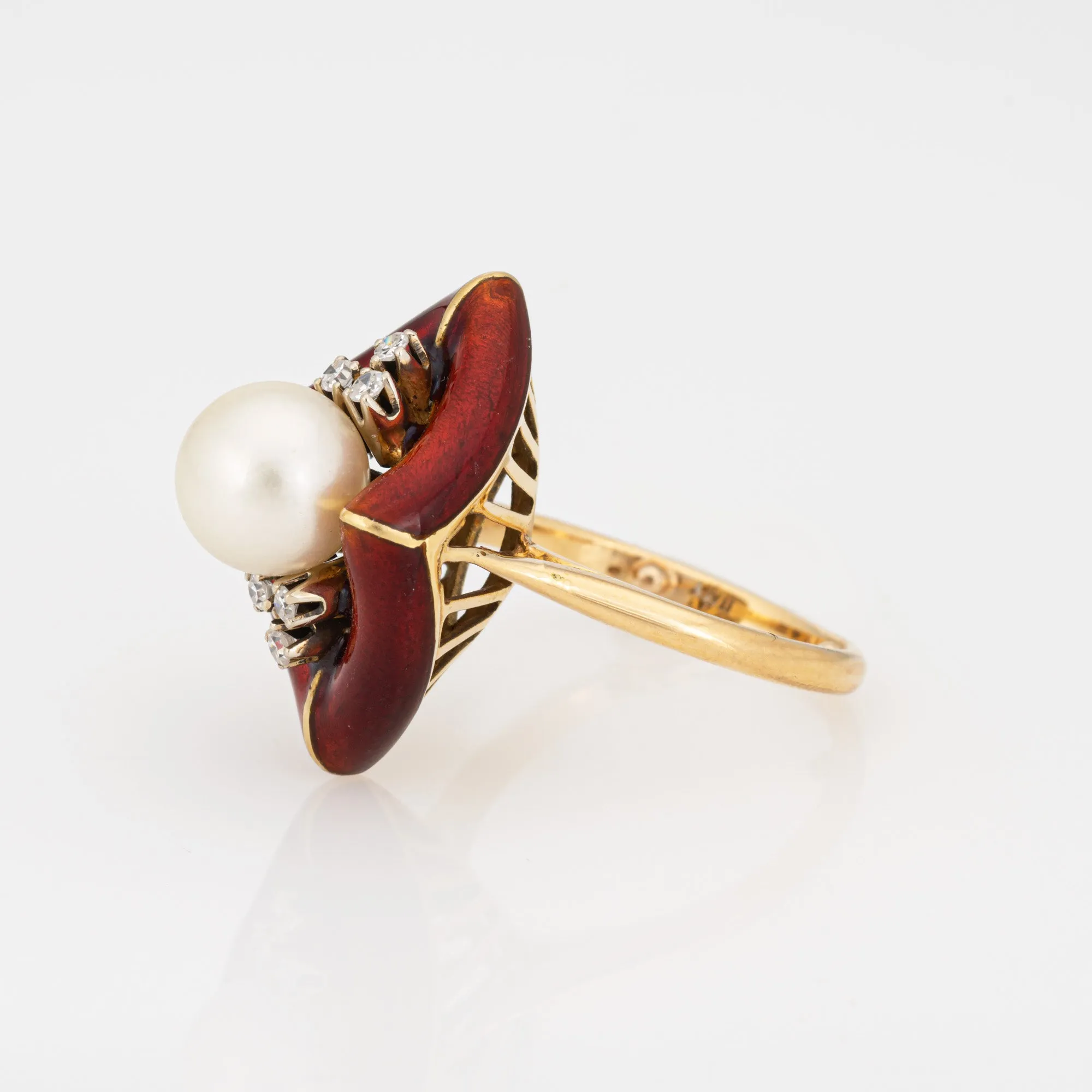 Vintage Abstract Ring Diamond Red Enamel Cultured Pearl Sz 6 Cocktail Jewelry