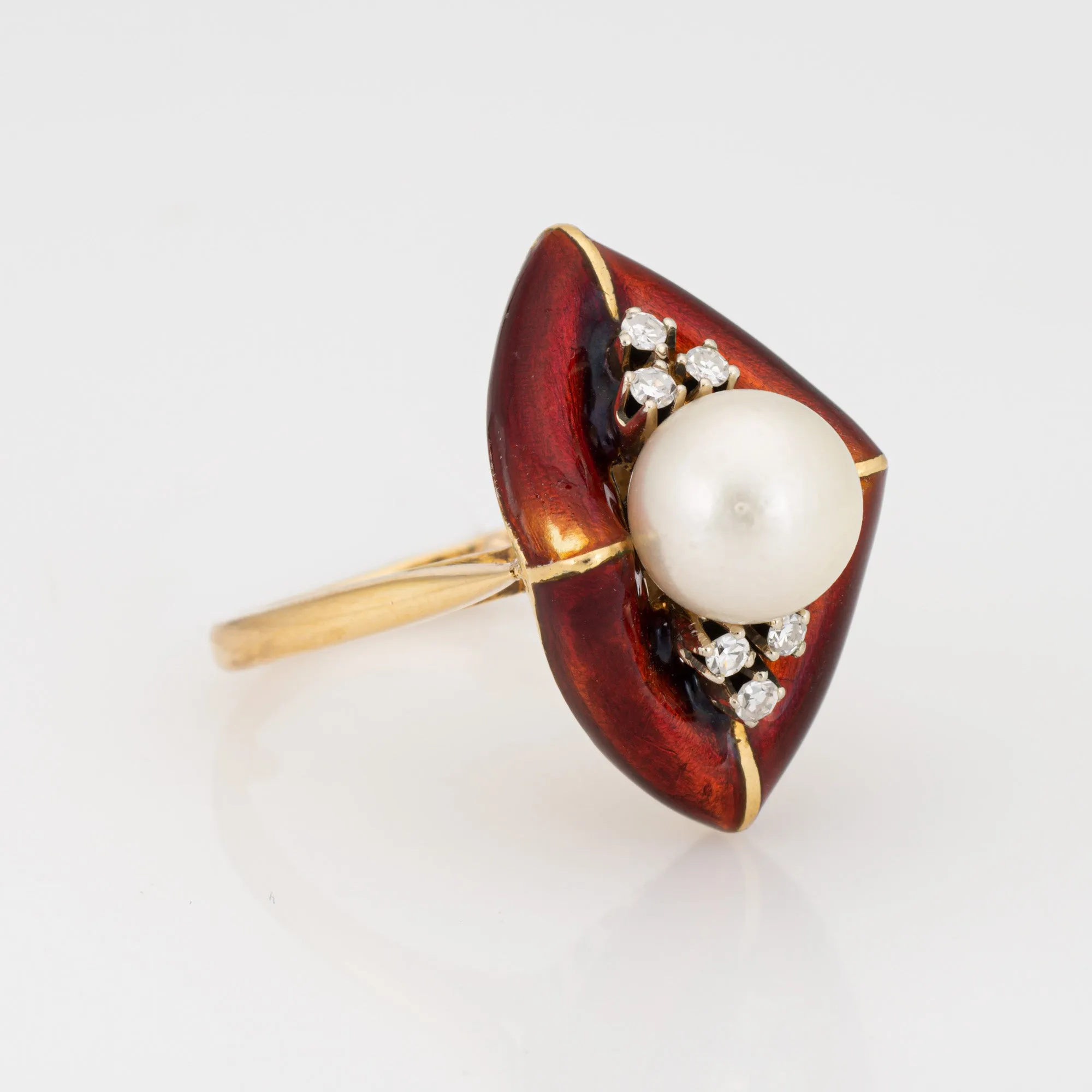 Vintage Abstract Ring Diamond Red Enamel Cultured Pearl Sz 6 Cocktail Jewelry