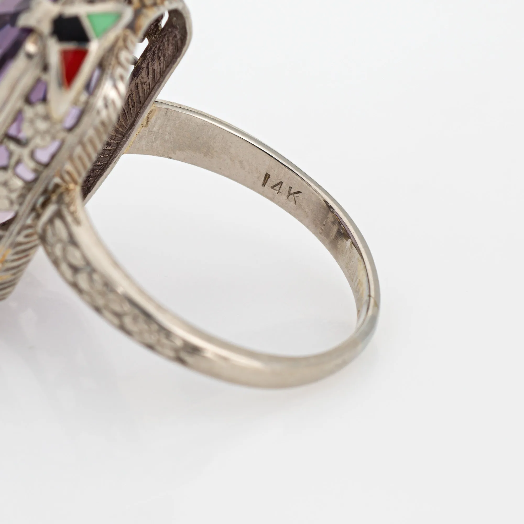 Vintage Art Deco Amethyst Ring Enamel Cocktail 14k Gold Filigree Jewelry Sz 7
