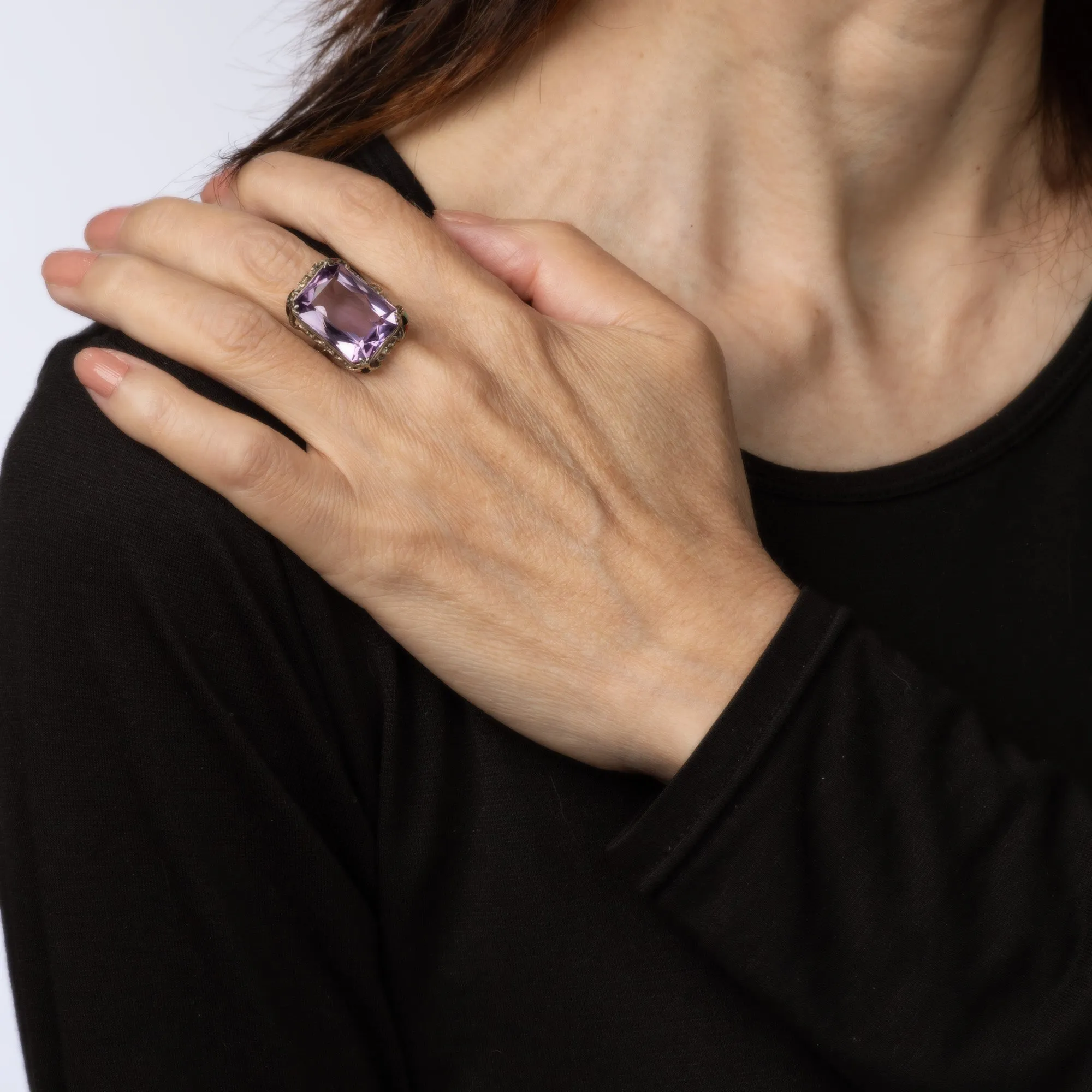 Vintage Art Deco Amethyst Ring Enamel Cocktail 14k Gold Filigree Jewelry Sz 7