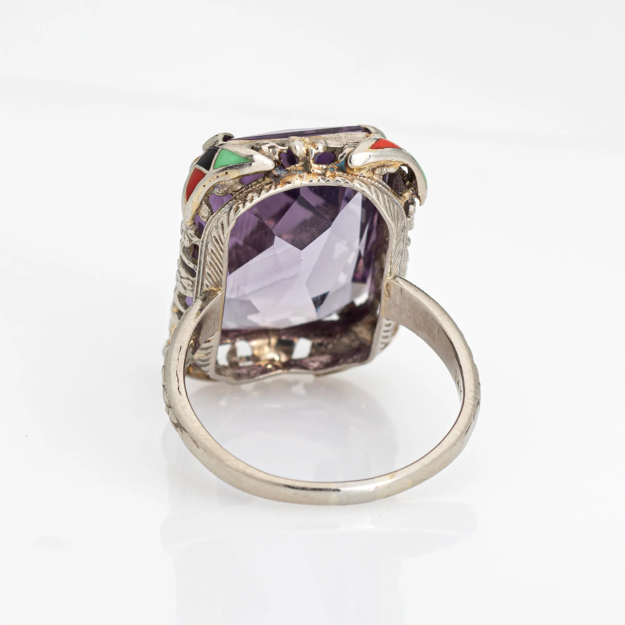 Vintage Art Deco Amethyst Ring Enamel Cocktail 14k Gold Filigree Jewelry Sz 7