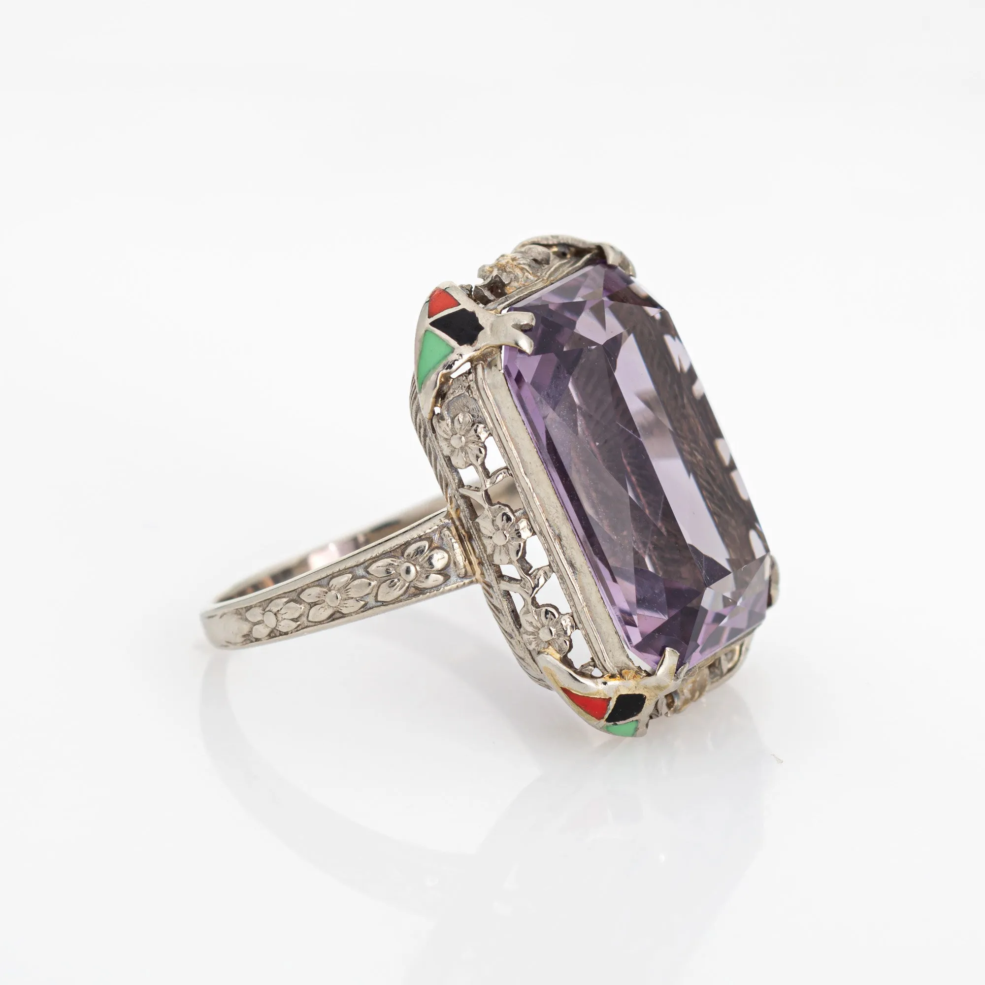 Vintage Art Deco Amethyst Ring Enamel Cocktail 14k Gold Filigree Jewelry Sz 7